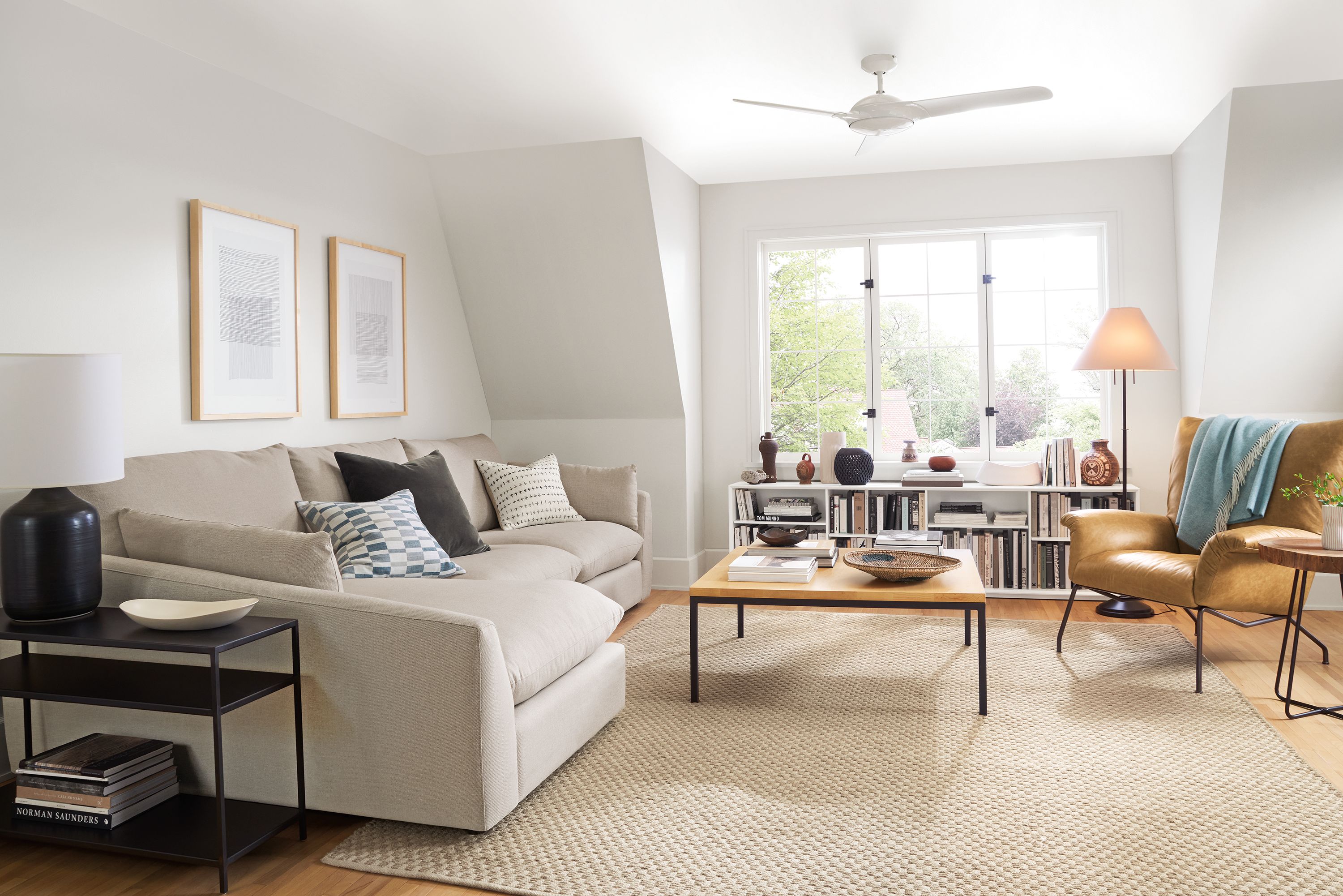 living room with weber sofa, paris chair, parsons coffee table.