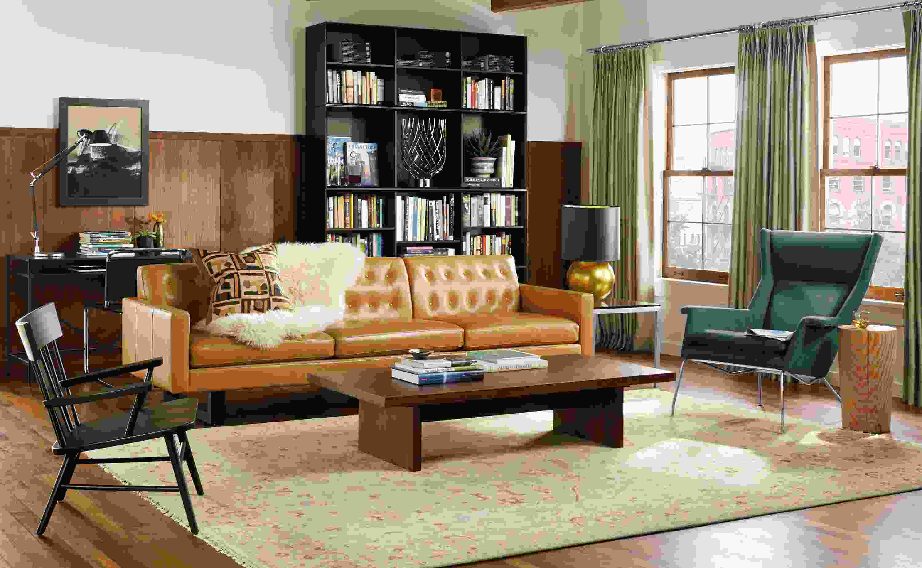 Detail of Wells three cushion sofa in Brighton Camel leather.