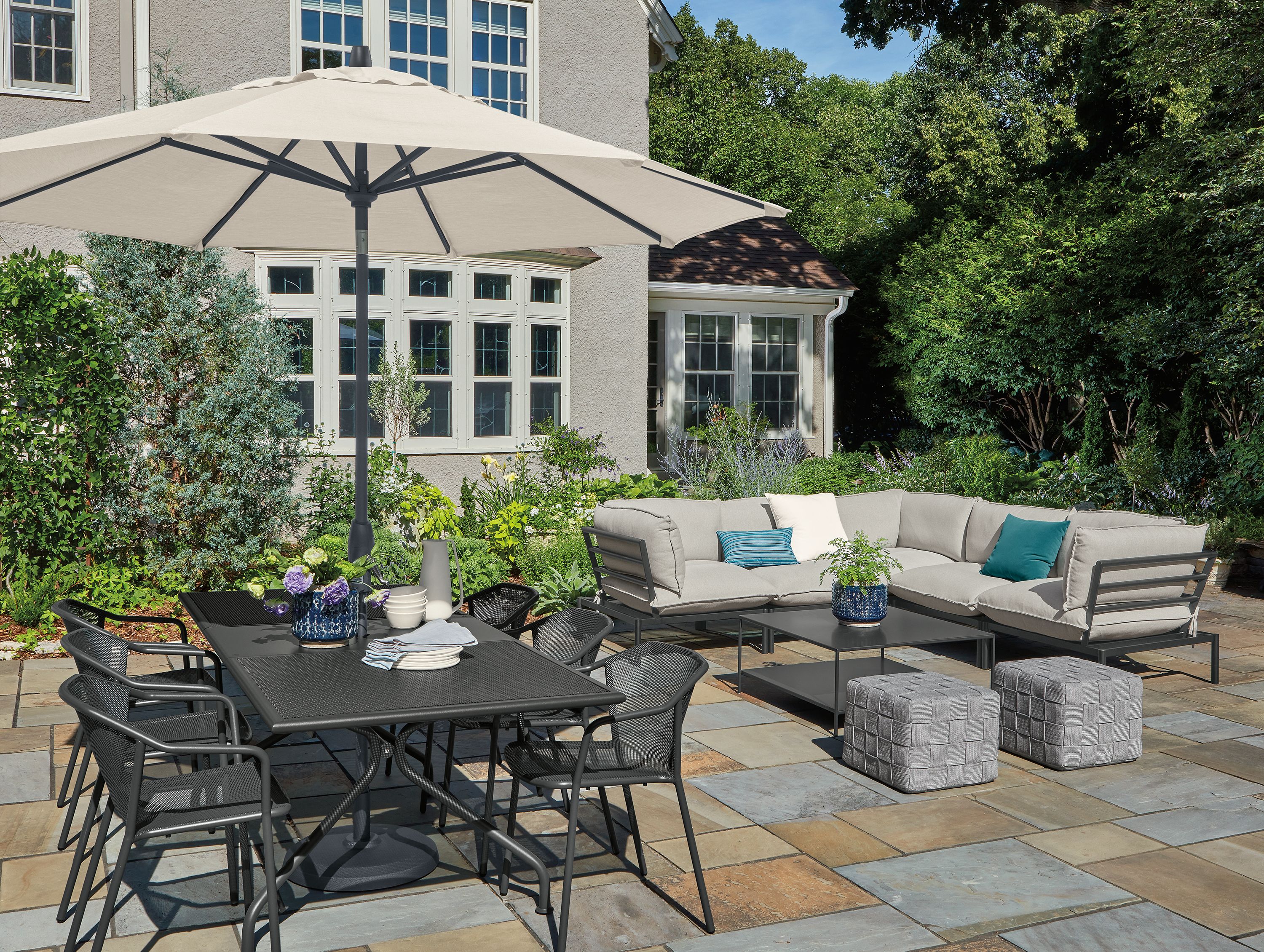 104x104" 5-piece modular sectional in Mist grey fabric & graphite frame