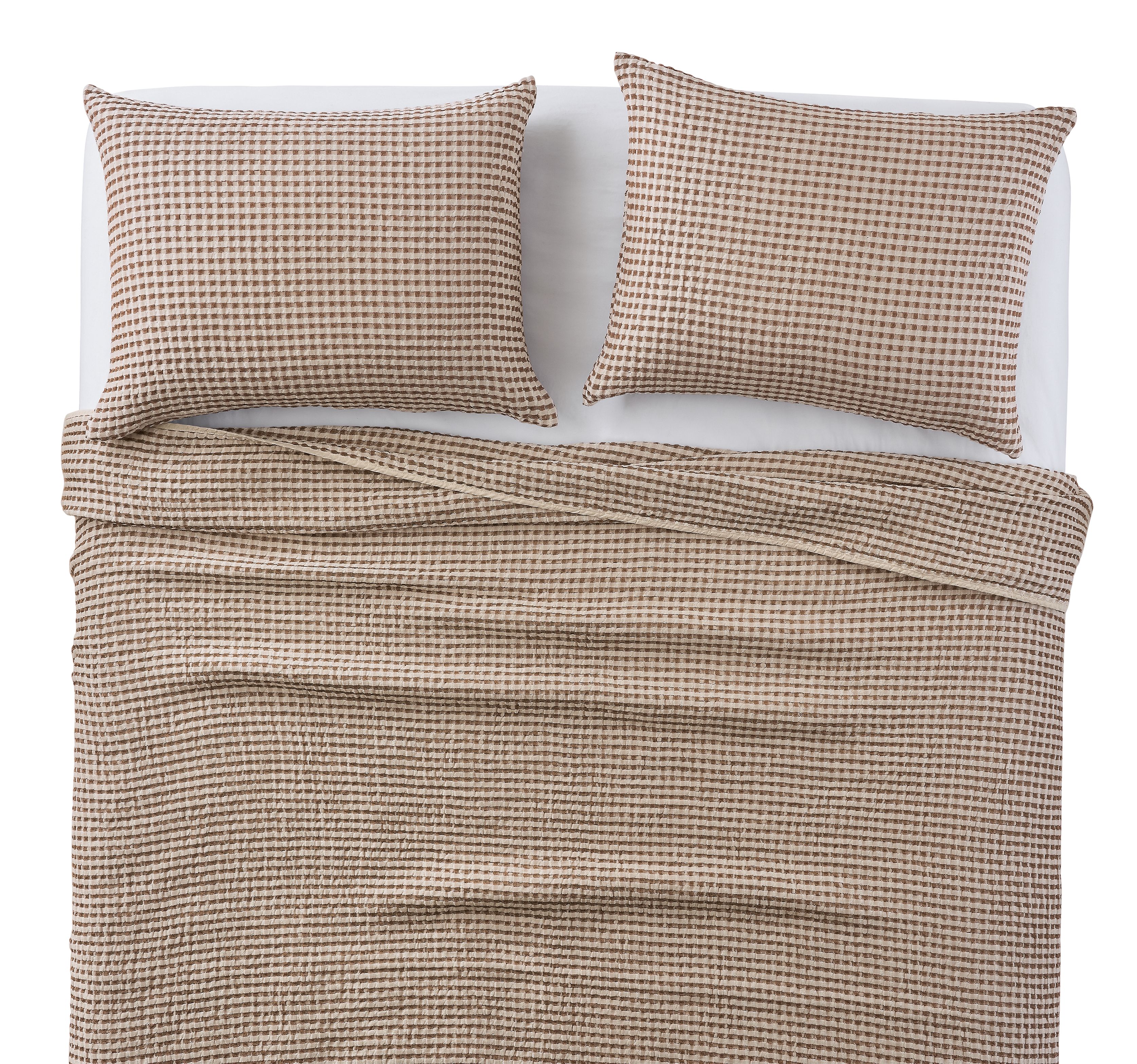 Overhead view of westin full/queen coverlet set in brick on a bed.