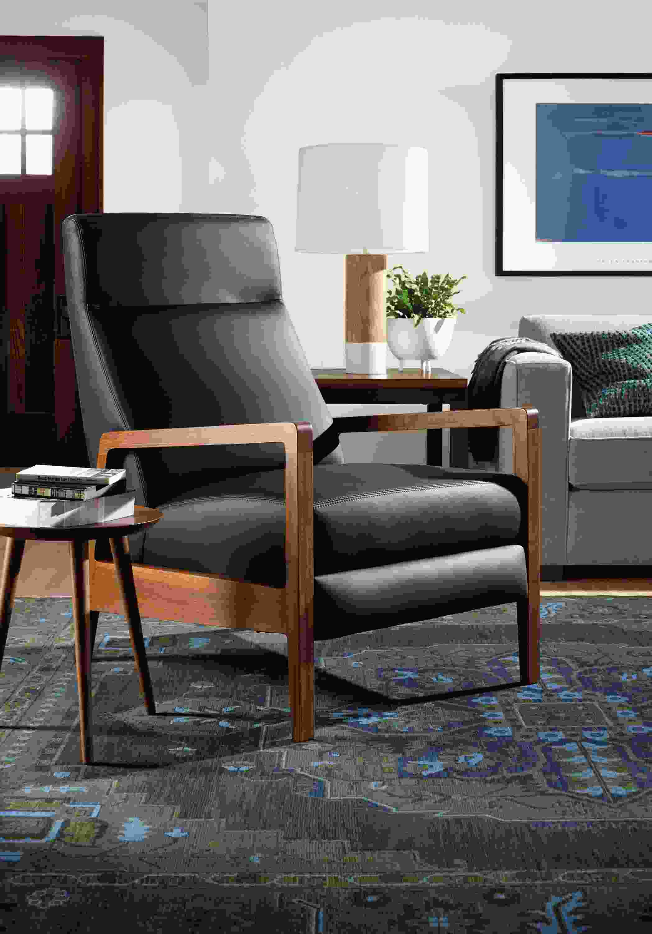 Detail of Westport Recliner in Elmo Soft Black - Urbino Black leather.