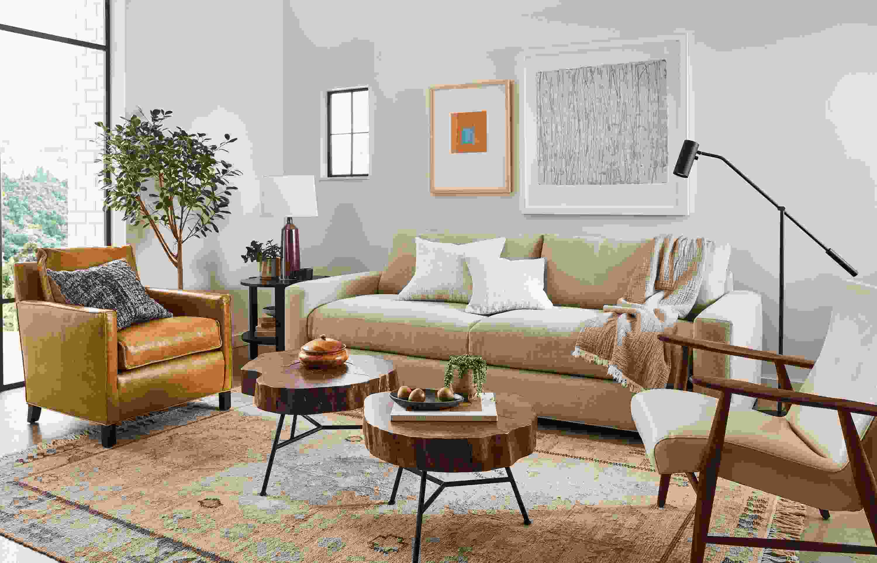 Living room with Metro sofa, Wheatland coffee tables, Bram chair, Jonas lounge chair, Villa rug.
