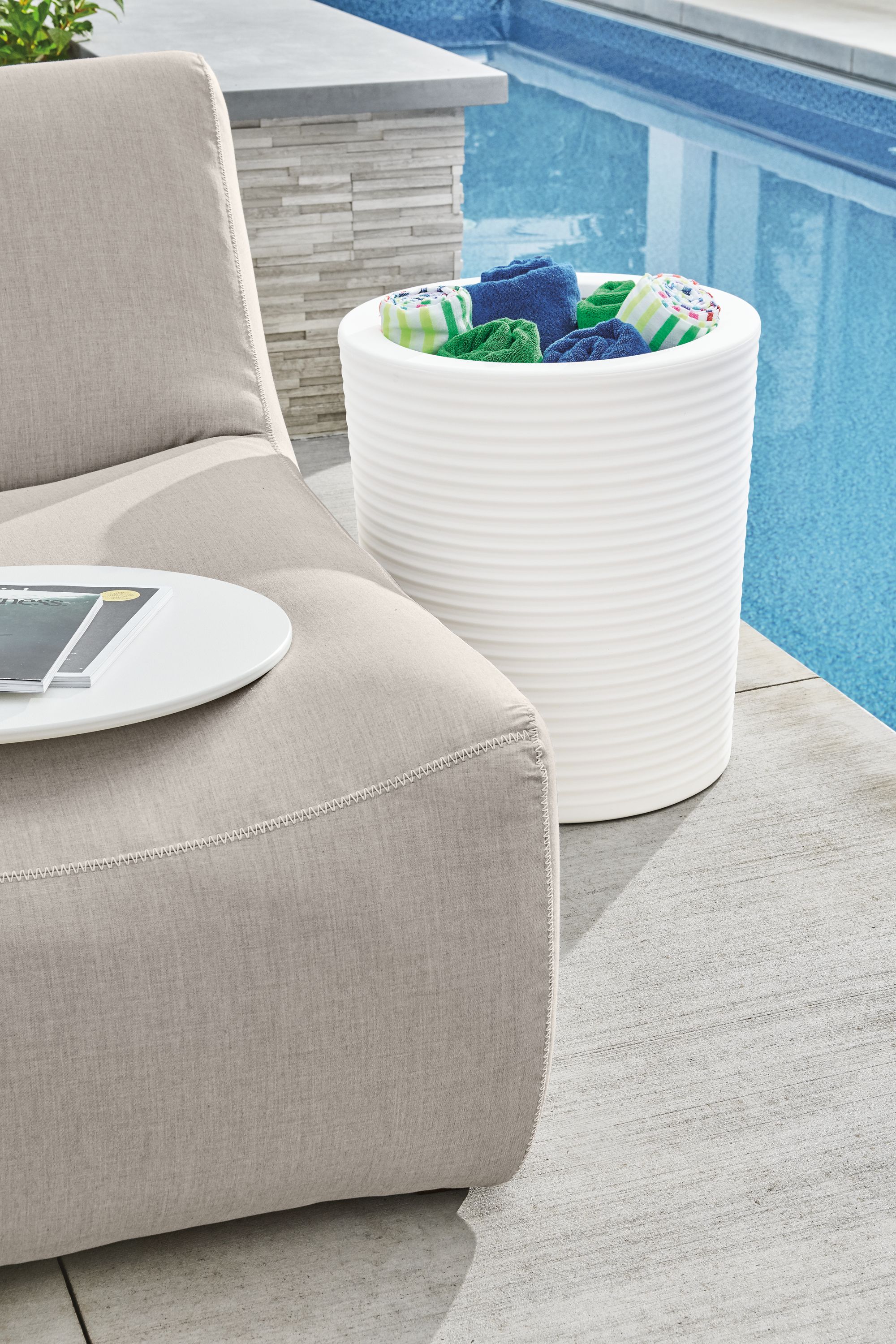 Detail of Willa outdoor planter in white.