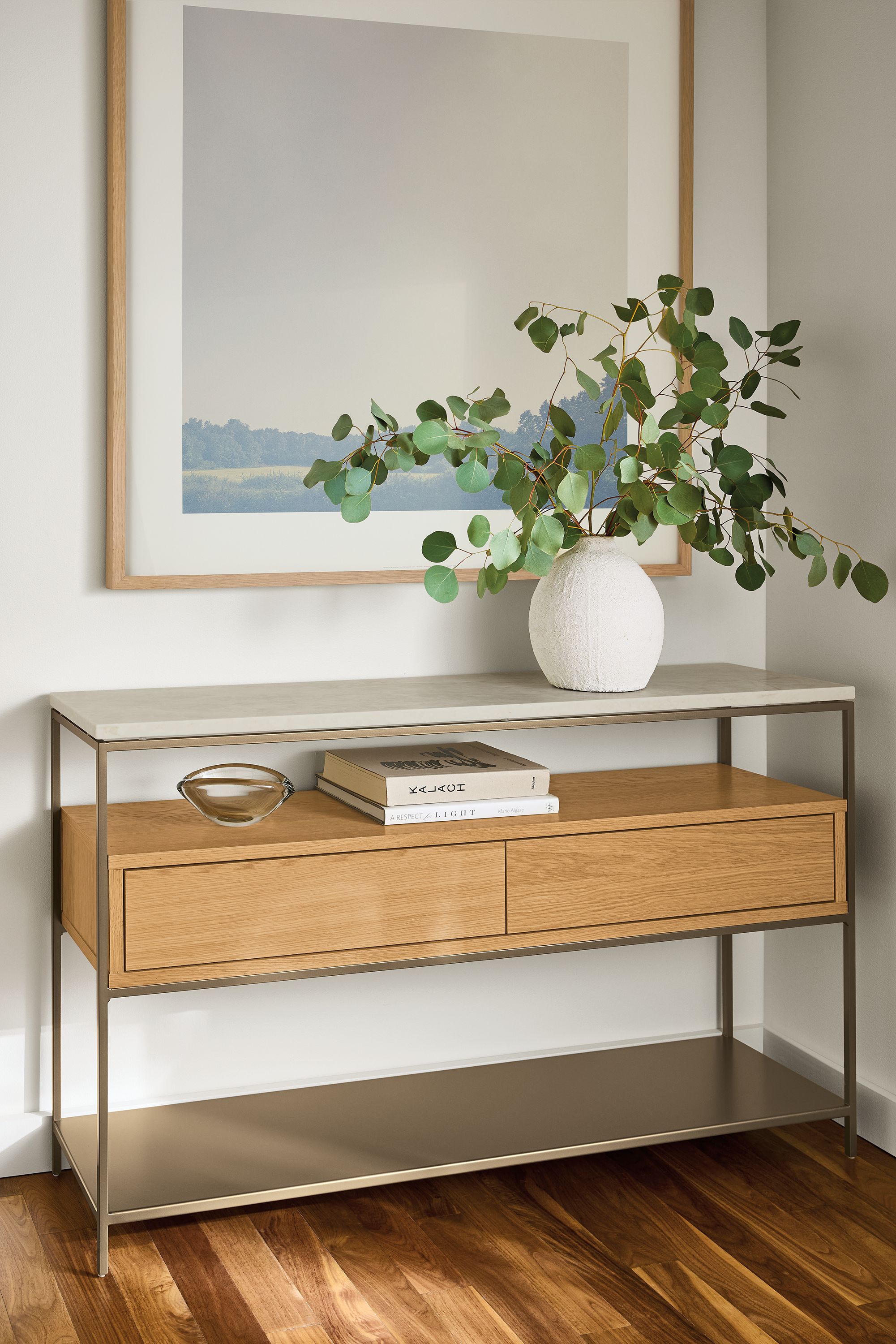 Entryway with Williams console table in white oak and mineral with Mahal Quartz top.