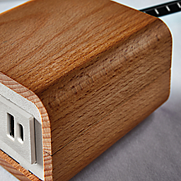 Detail of Willow Tabletop Power and Charging Outlet in Beech and White showing USB and USB-C ports.