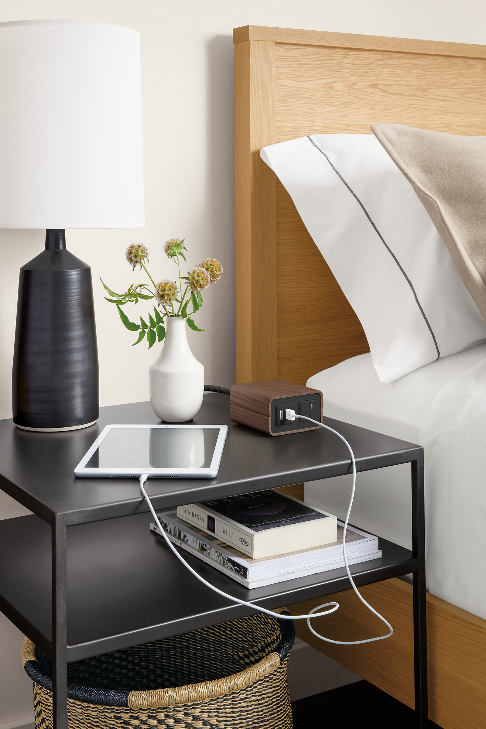 detail of emerson queen bed, slim end table, willow tabletop charger, monarch table lamp.