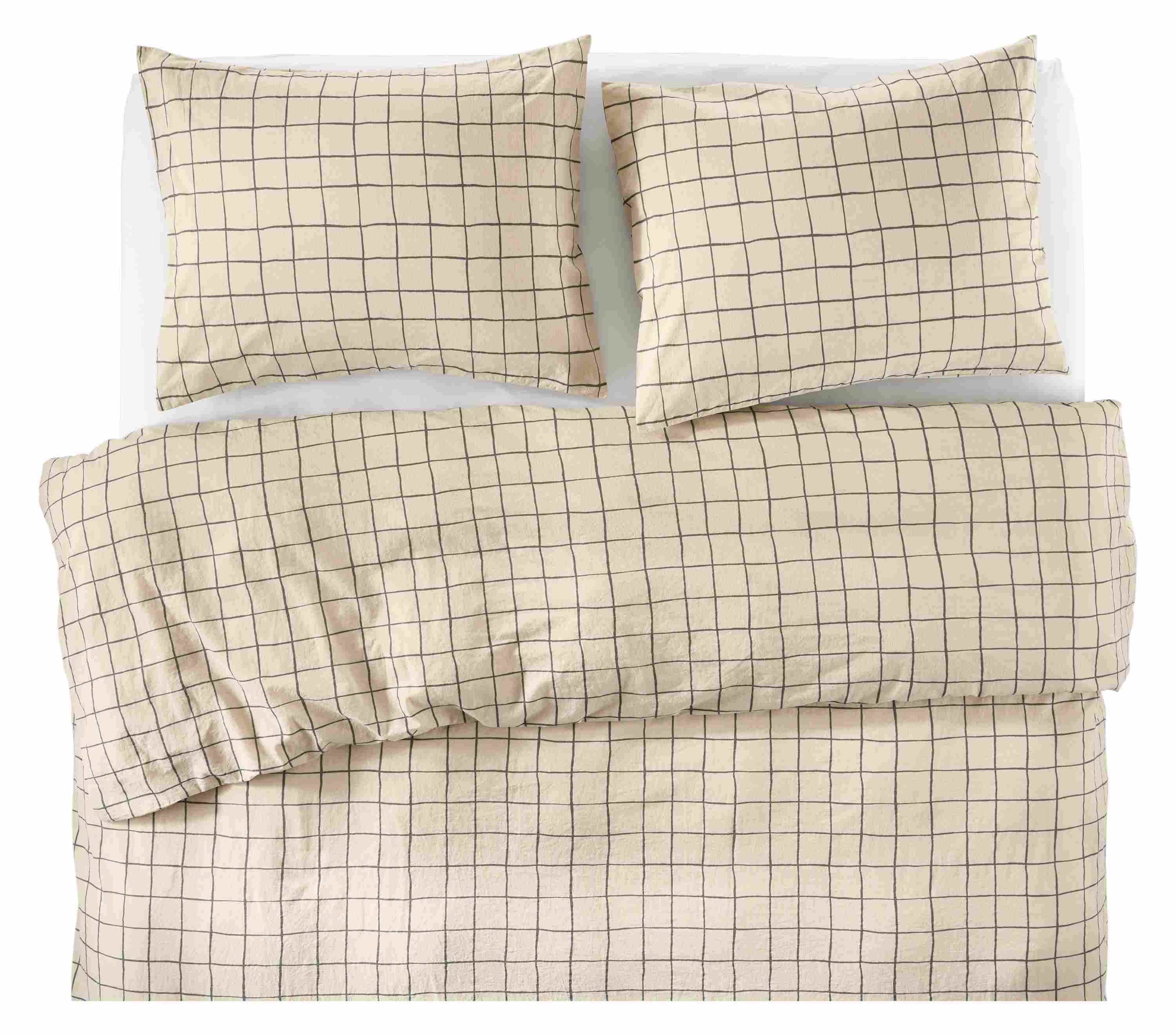 Overhead view of Core queen bed with Window duvet set in charcoal  and signature percale fitted sheet in white.