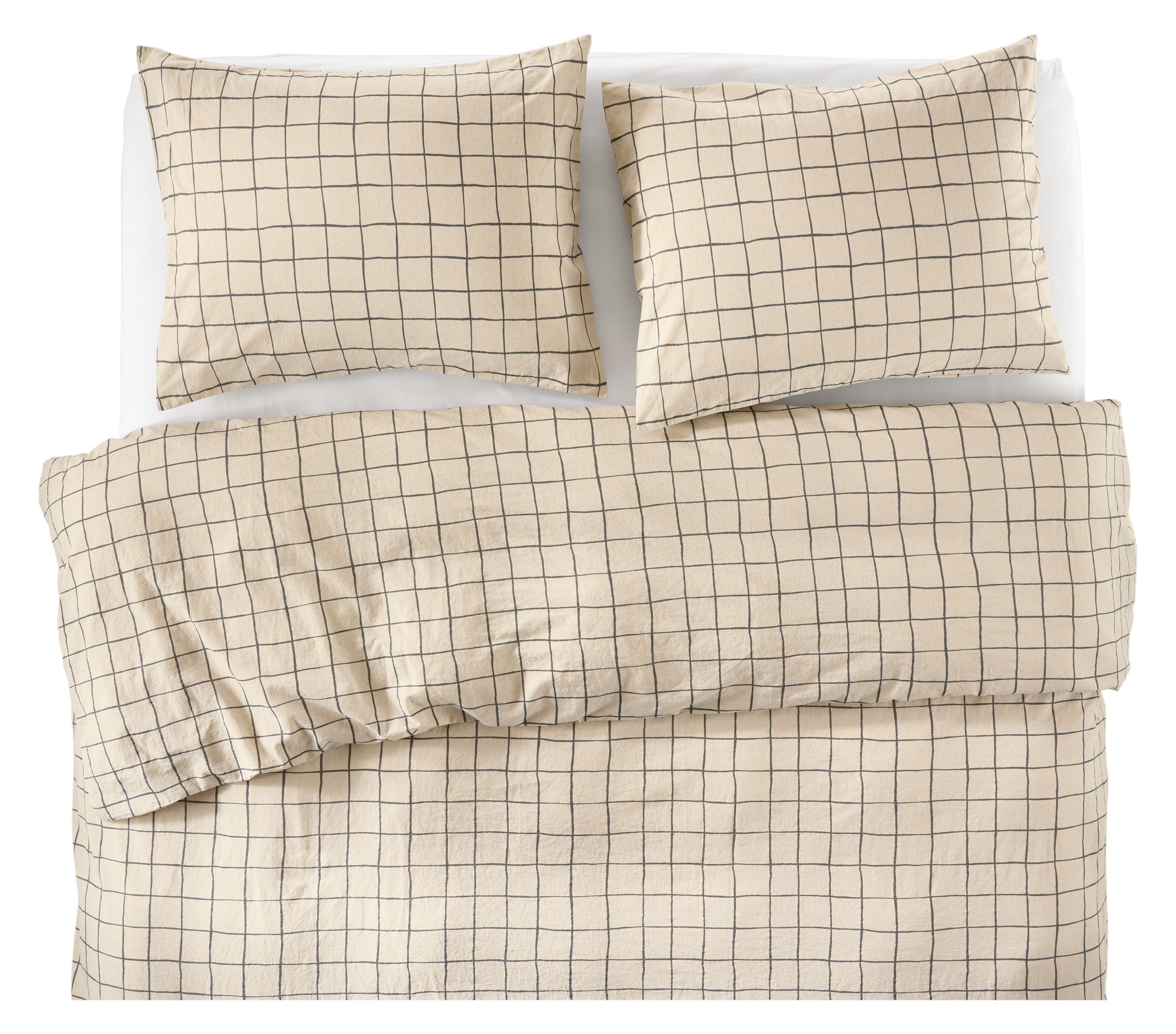 Overhead view of Core queen bed with Window duvet set in charcoal  and signature percale fitted sheet in white.