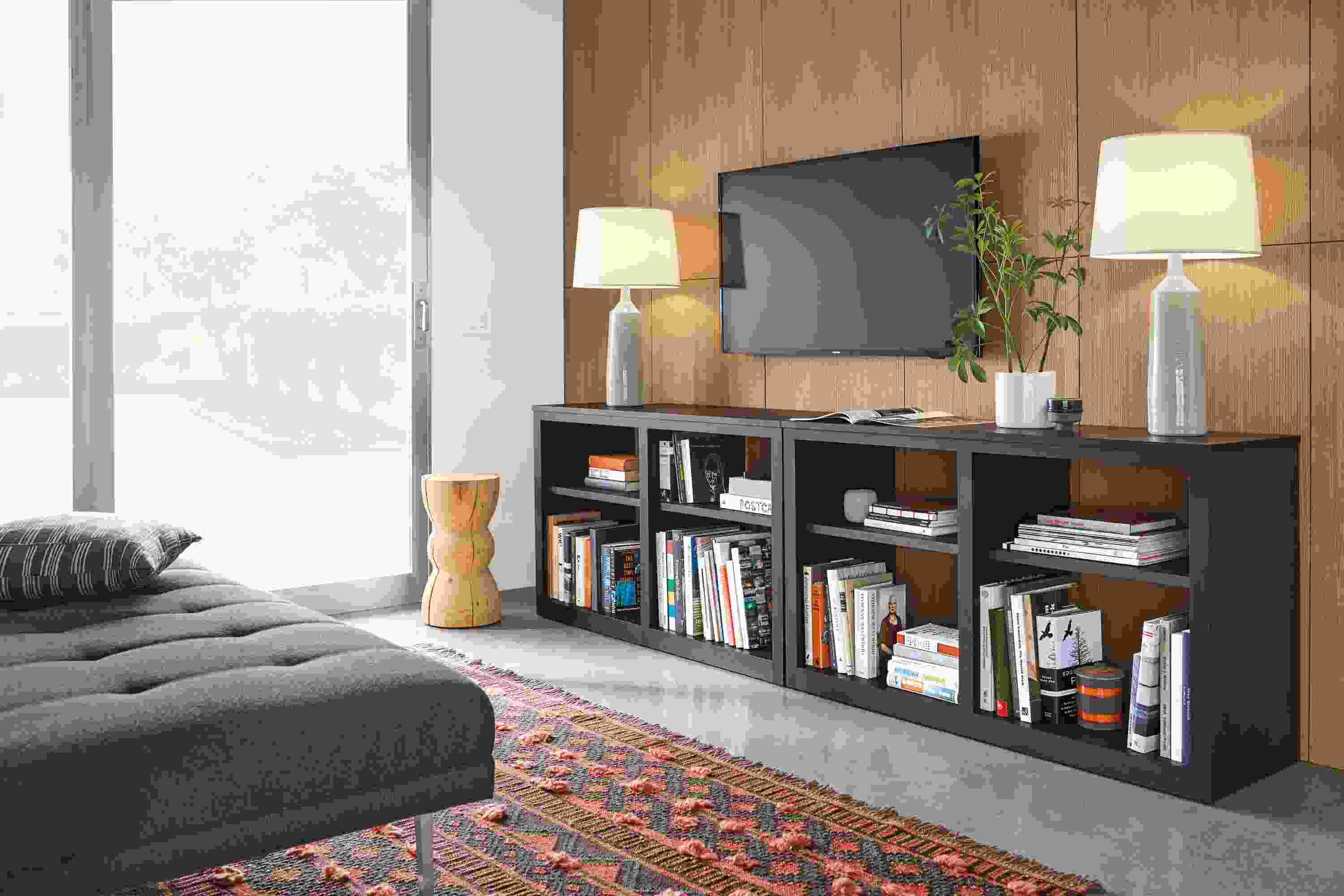 Detail of custom Woodwin storage bookcase in charcoal.