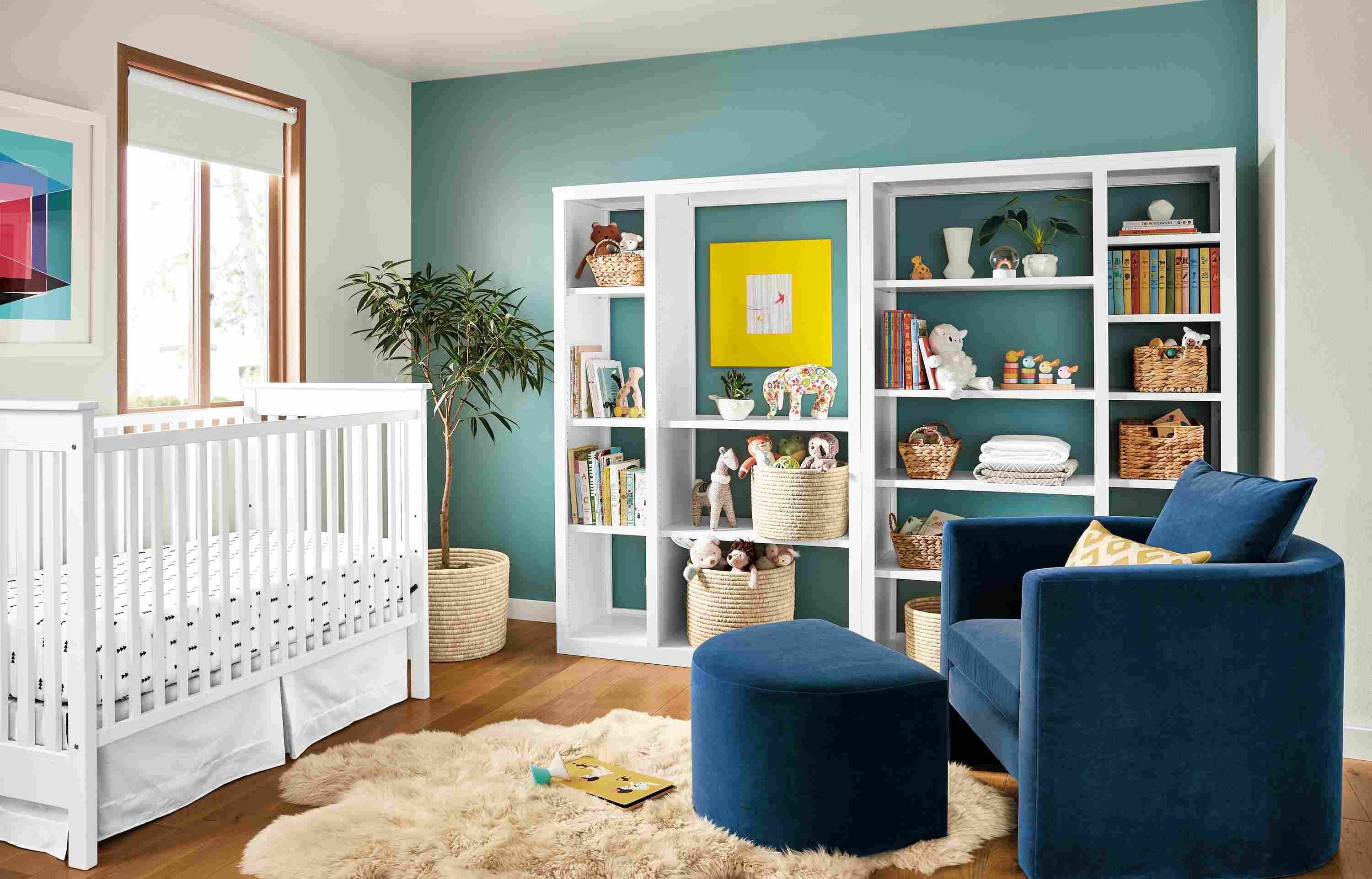 Detail of Woodwind open back bookcases in kids' bedroom with Silva chair and Nest crib.