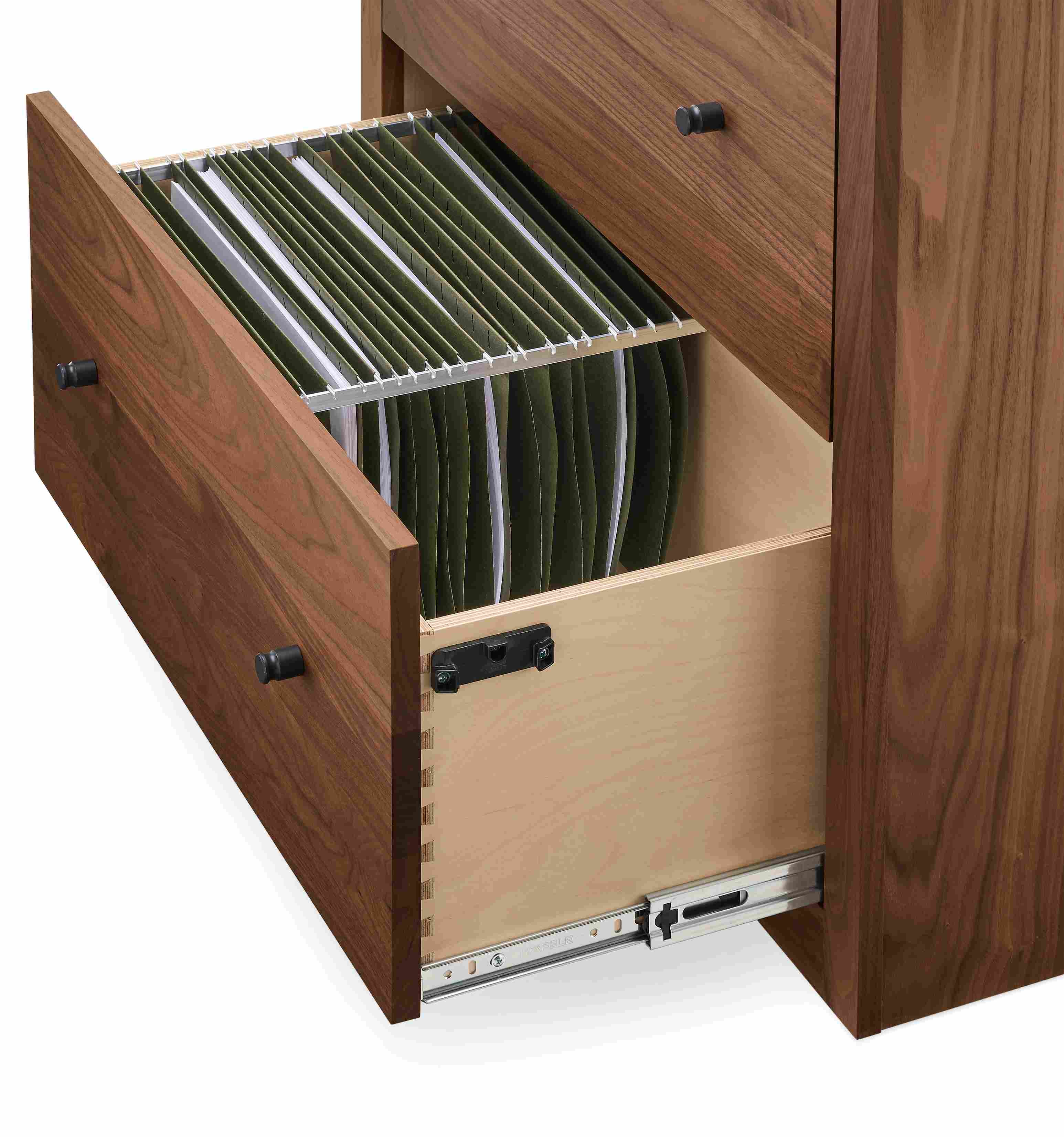 Open drawer detail of a Woodwind 32-wide 2-file drawer cabinet in walnut showing legal size file folders.