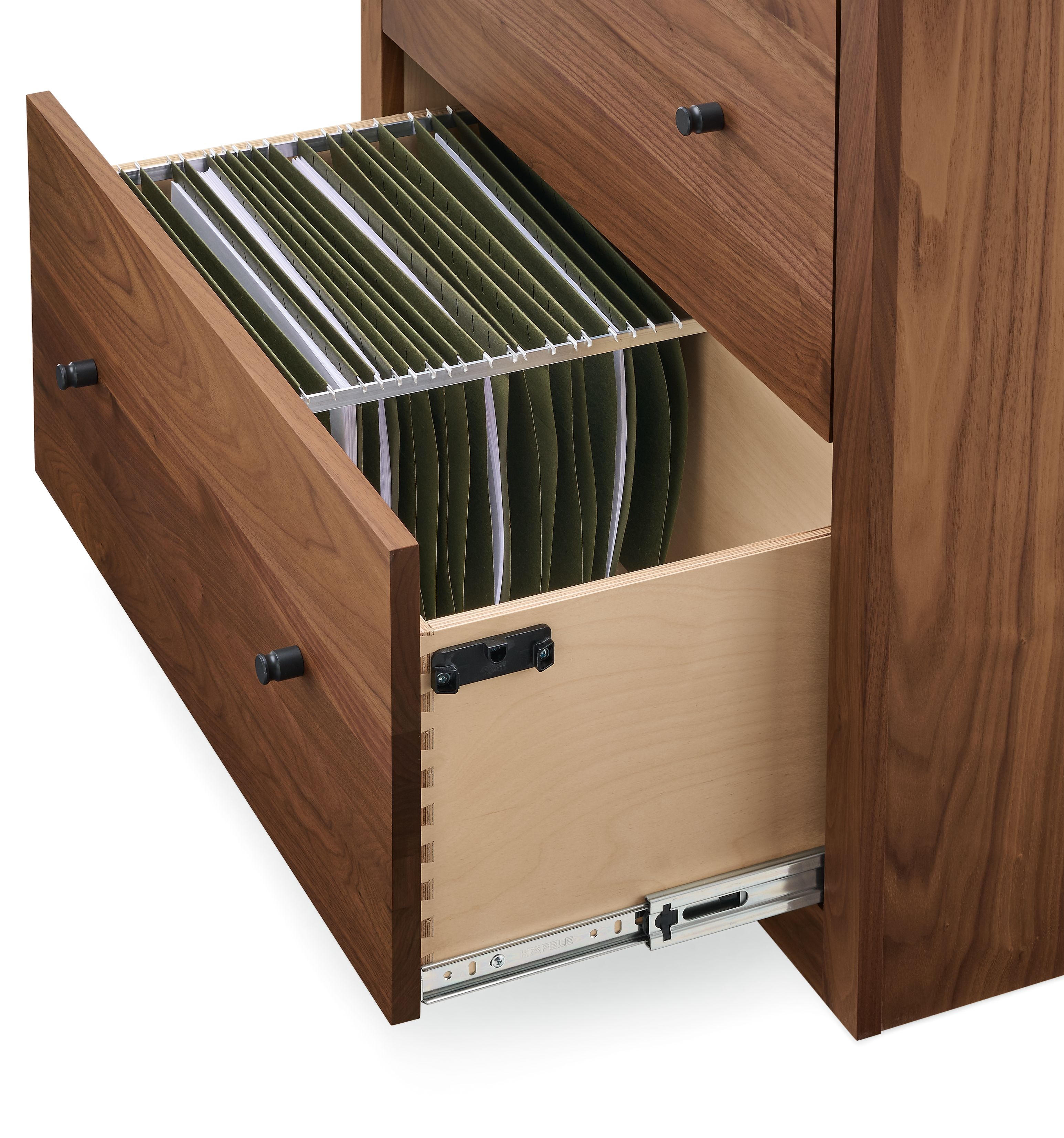 Open drawer detail of a Woodwind 32-wide 2-file drawer cabinet in walnut showing legal size file folders.