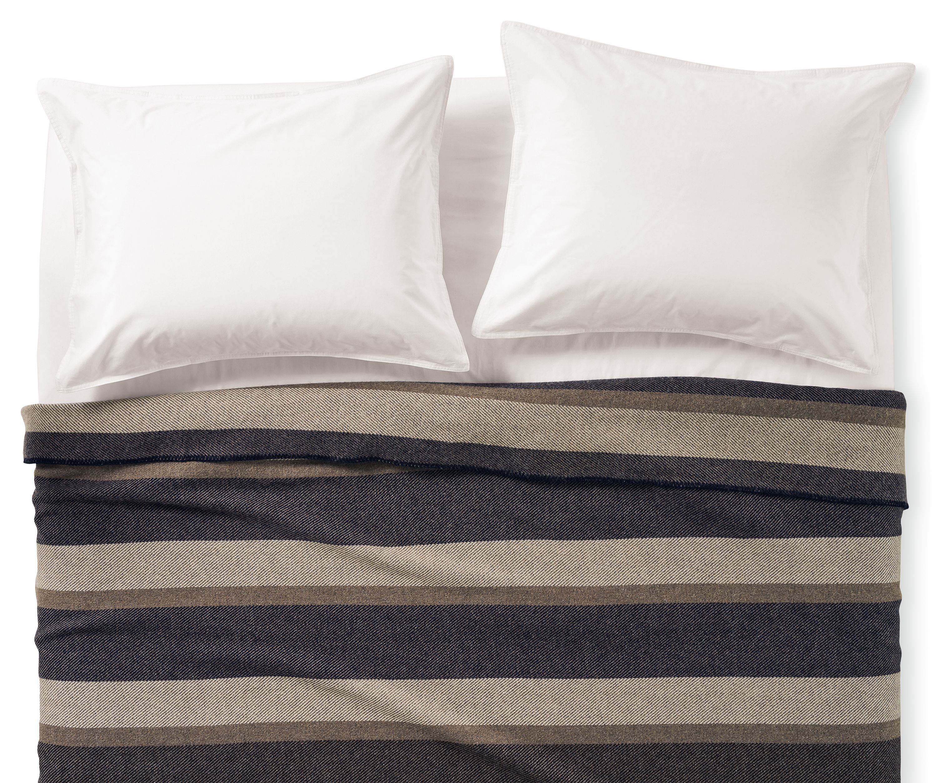 Overhead view of a bed with a washable wool full/queen blanket in navy/taupe stripe with white percale sheets and shams.