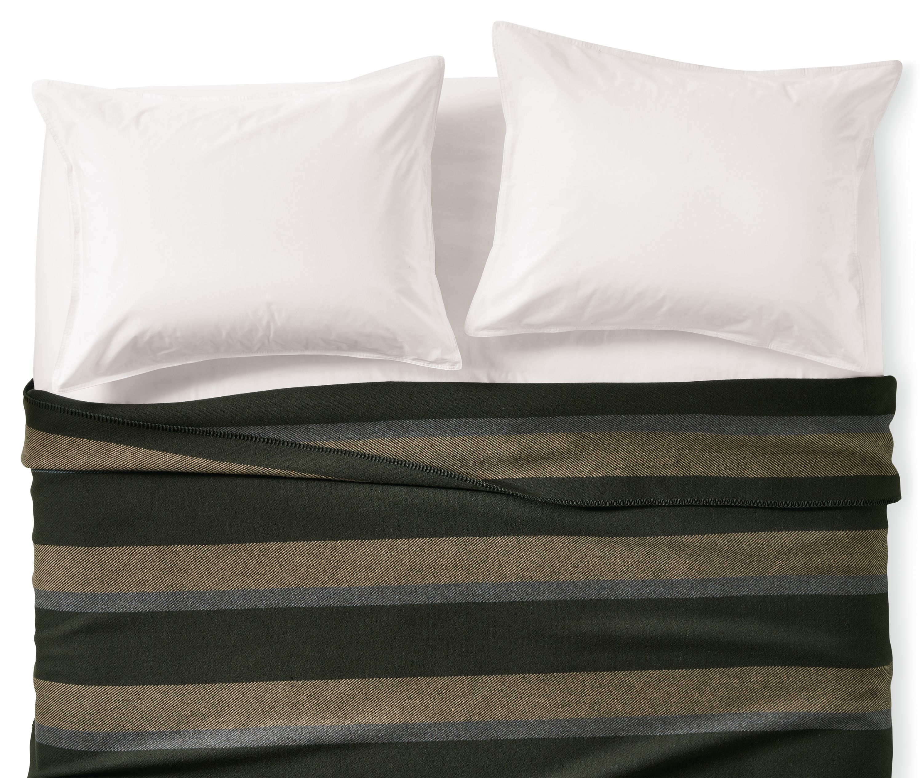 Overhead view of a bed with full/queen washable wool blanket in olive stripe and white percale shams and sheets.