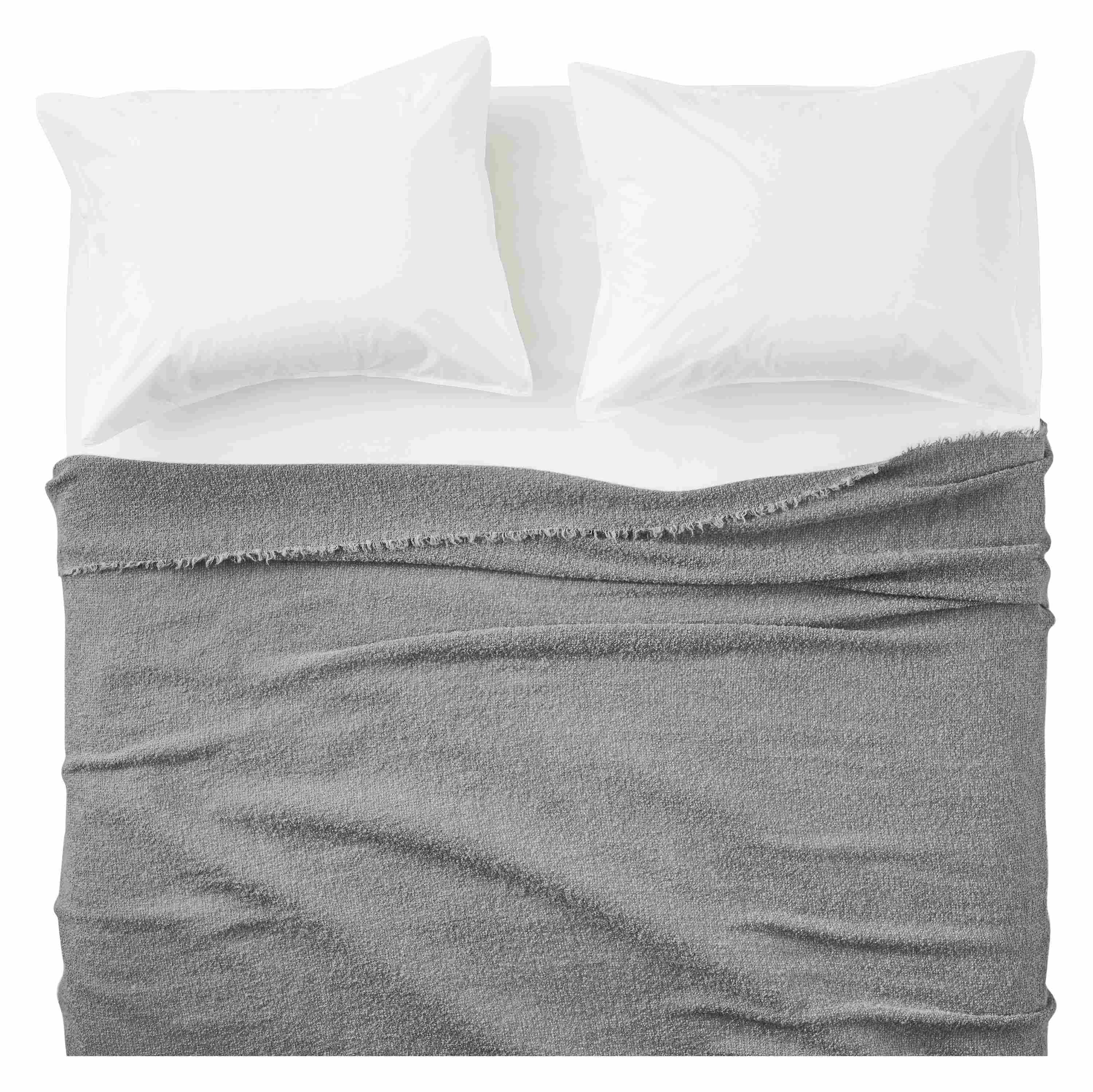 Overhead view of Core queen bed with Wool Boucle blanket in lake and Signature percale shams and sheets in white.