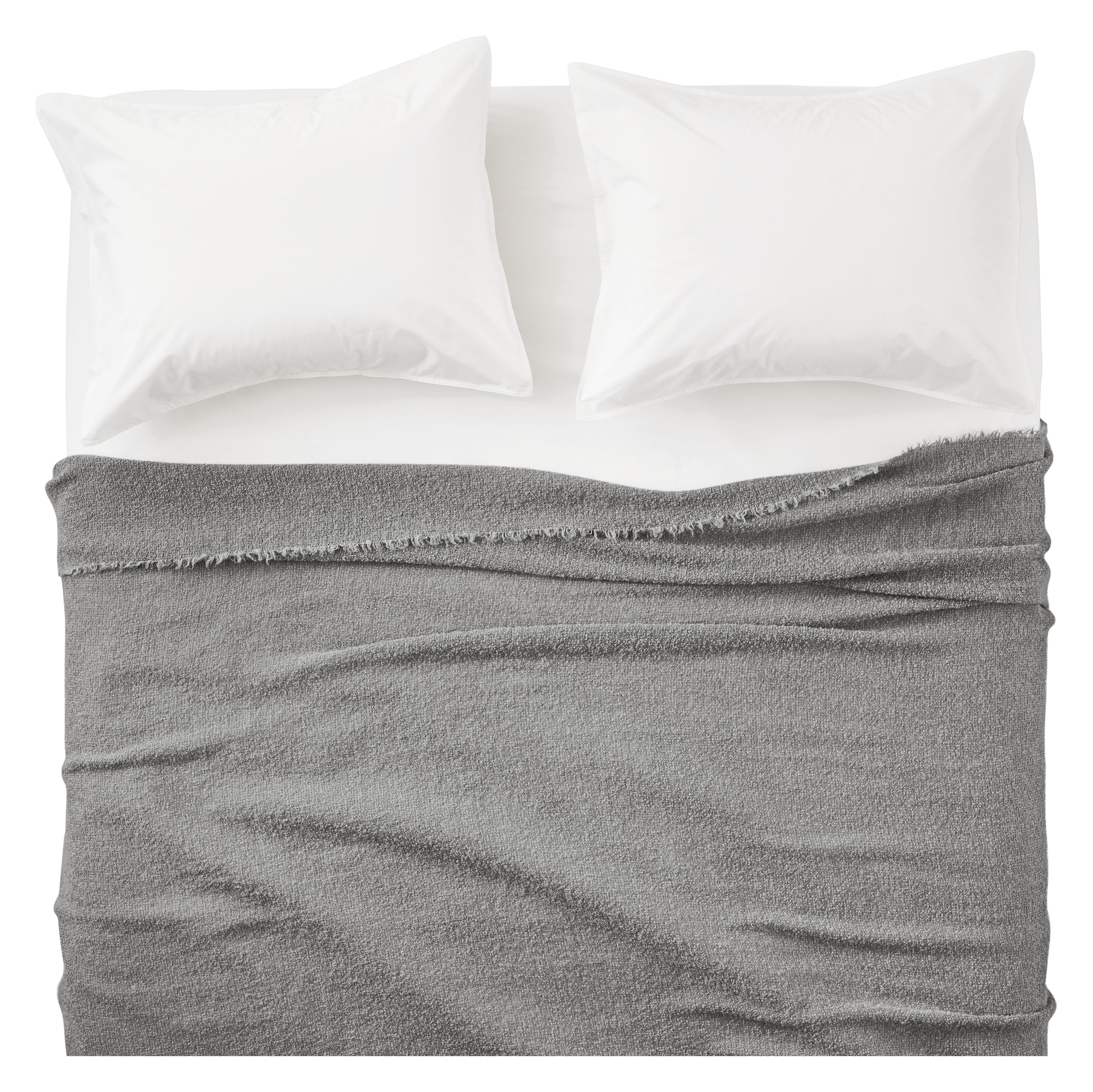 Overhead view of Core queen bed with Wool Boucle blanket in lake and Signature percale shams and sheets in white.