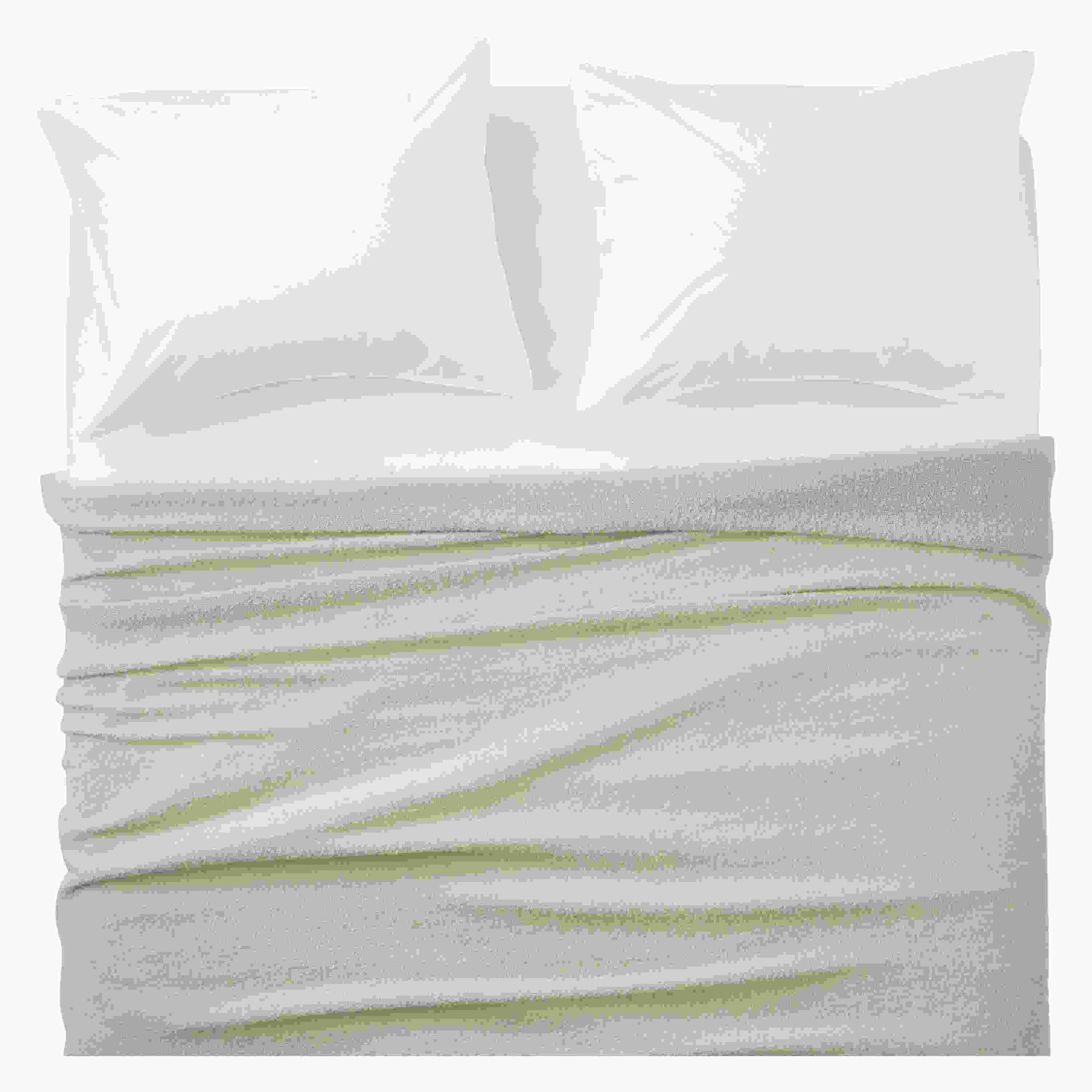 Overhead view of Core queen bed with Wool Boucle blanket in stone and Signature percale shams and sheets in white.