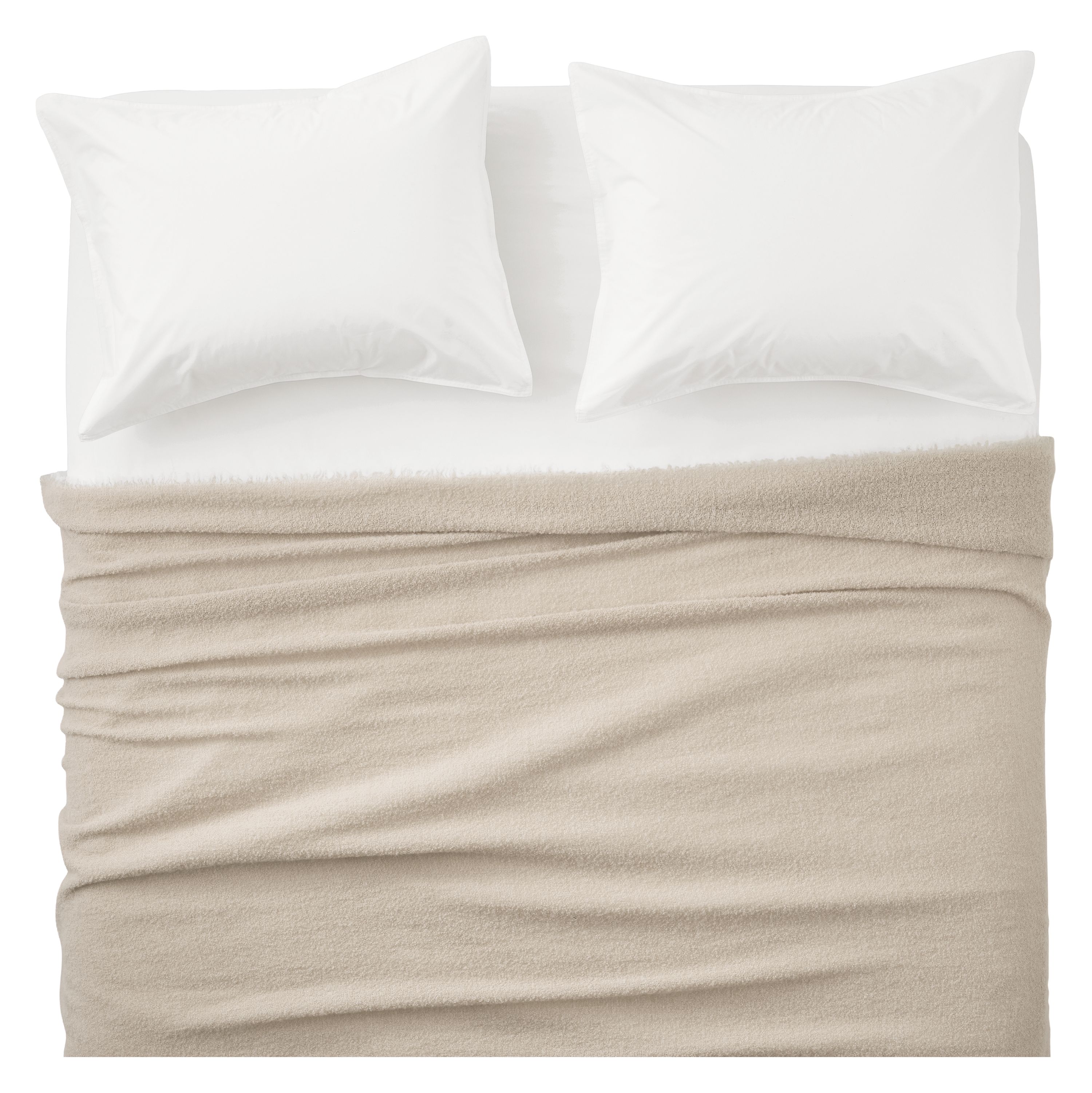 Overhead view of Core queen bed with Wool Boucle blanket in stone and Signature percale shams and sheets in white.