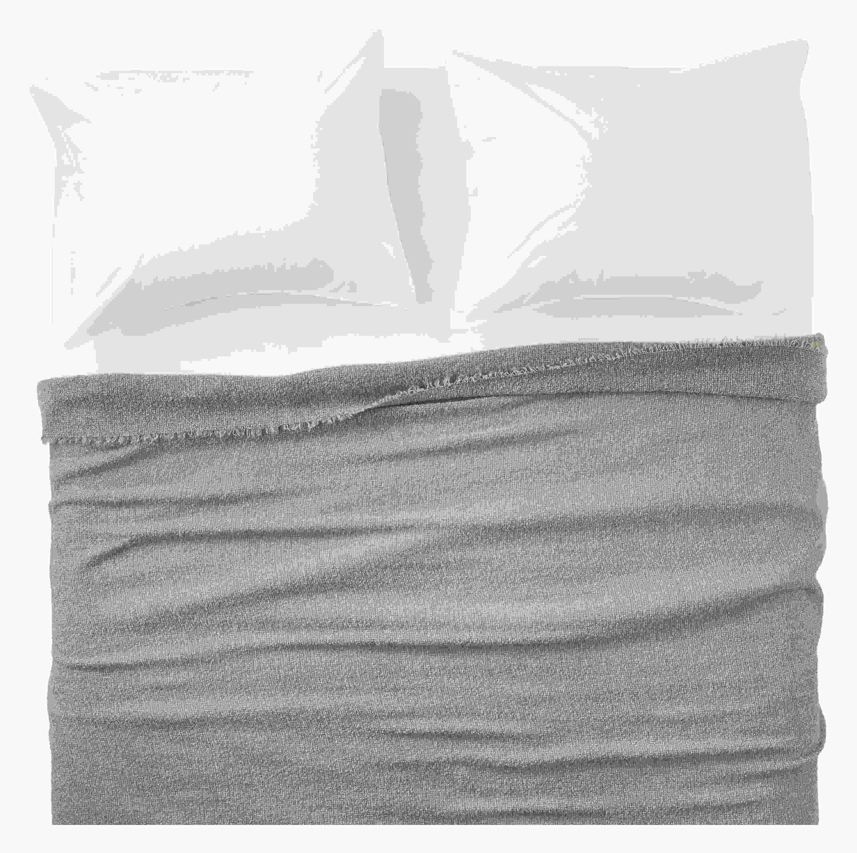 Overhead view of Core queen bed with Wool Boucle blanket in moss and Signature percale shams and sheets in white.