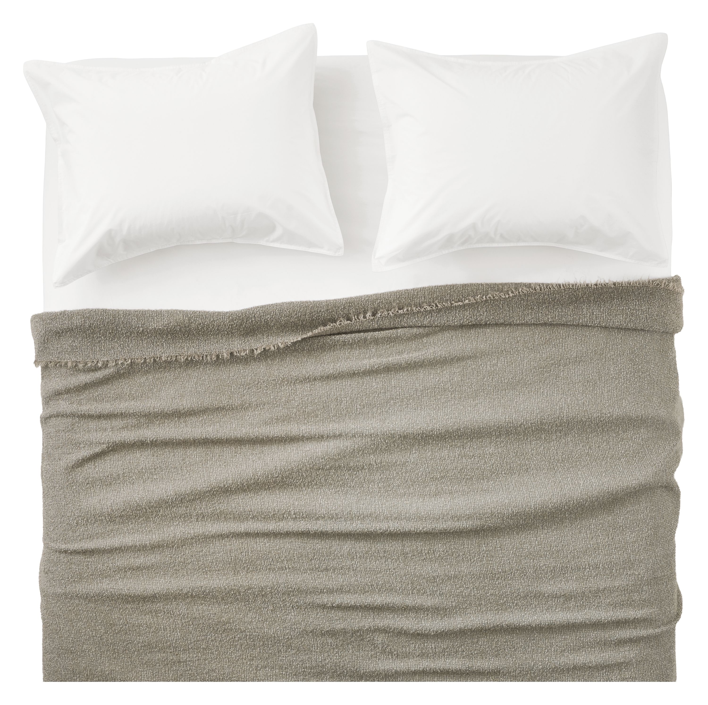 Overhead view of Core queen bed with Wool Boucle blanket in moss and Signature percale shams and sheets in white.