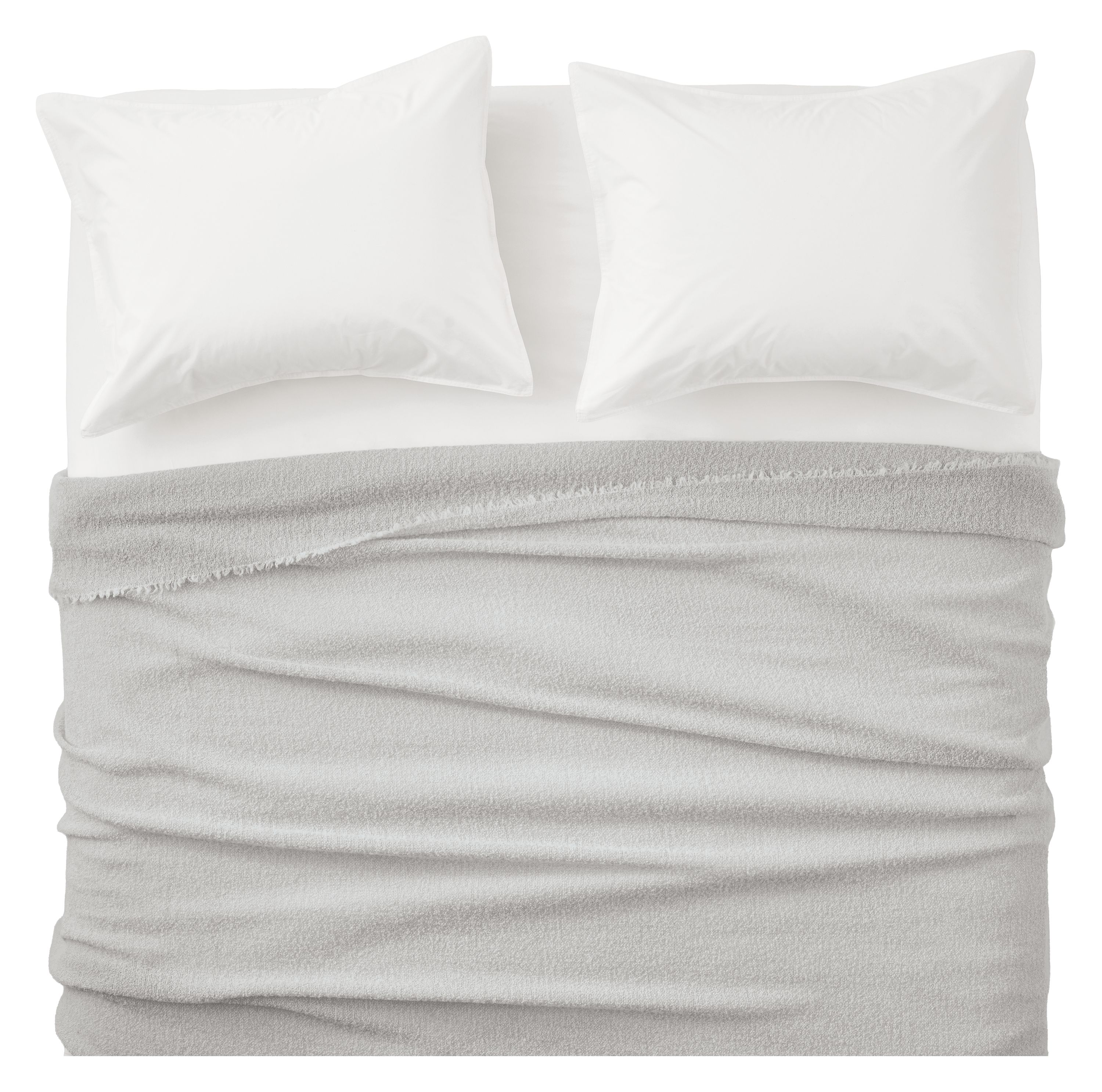 Overhead view of Core queen bed with Wool Boucle blanket in bone and Signature percale shams and sheets in white.