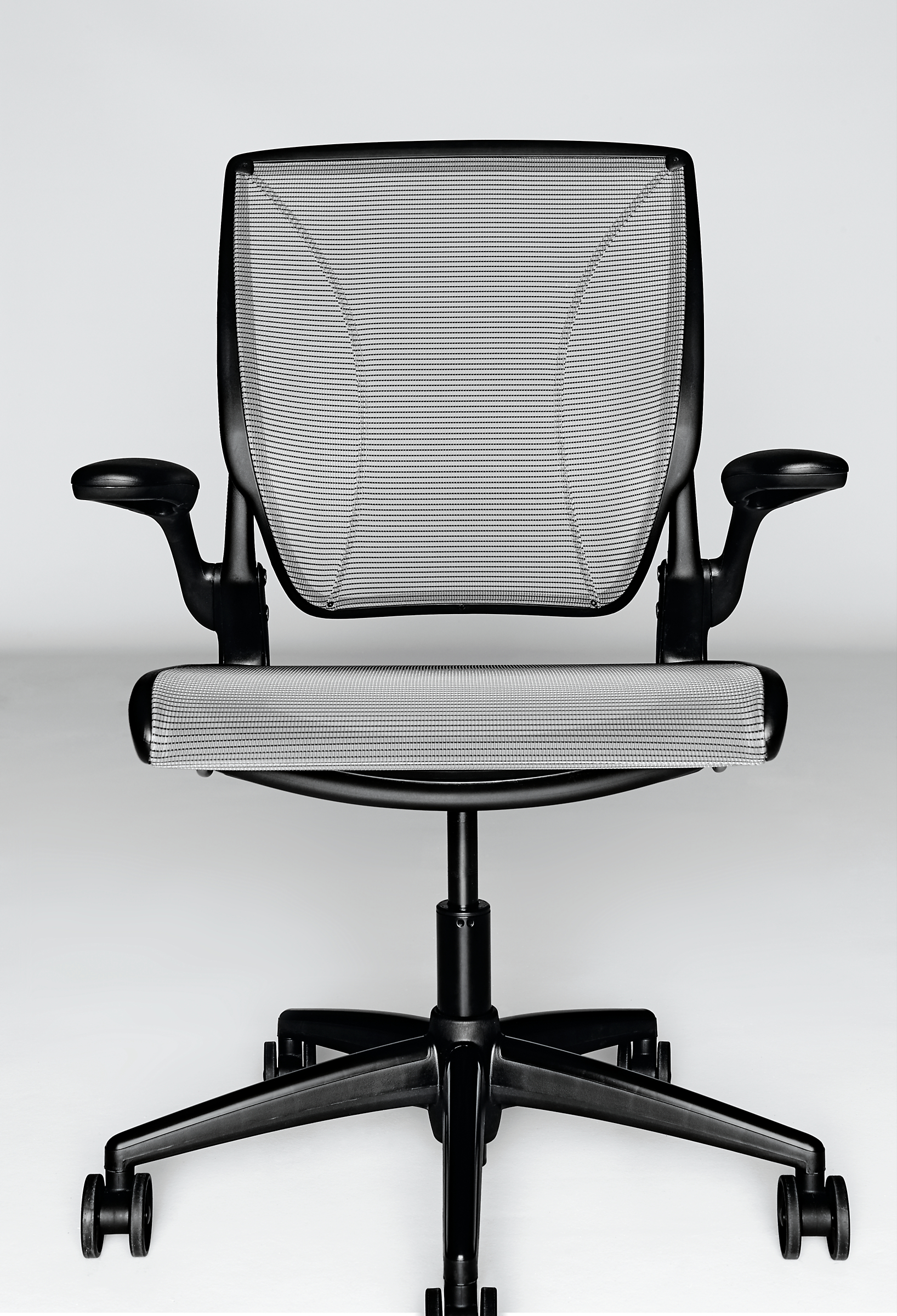 Detail of World Office Chair in Black with Black Pinstripe Mesh.