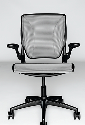 Detail of World Office Chair in Black with Black Pinstripe Mesh.