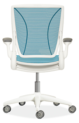 Back view of Diffrient World Office Chair in White with Cyan Pinstripe Mesh.