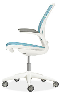 Side view of Diffrient World Office Chair in White with Cyan Pinstripe Mesh.