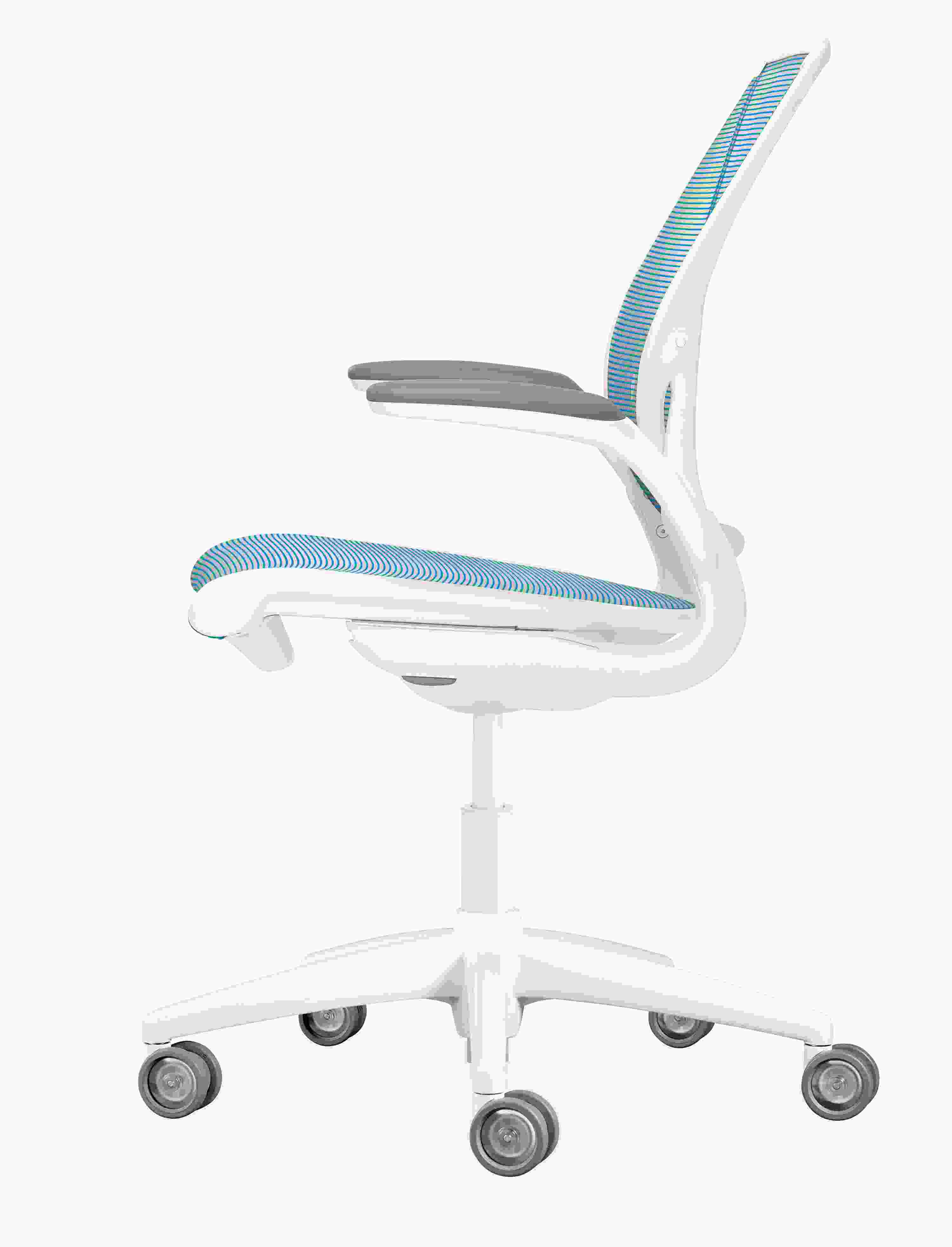 Side view of Diffrient World Office Chair in White with Cyan Pinstripe Mesh.