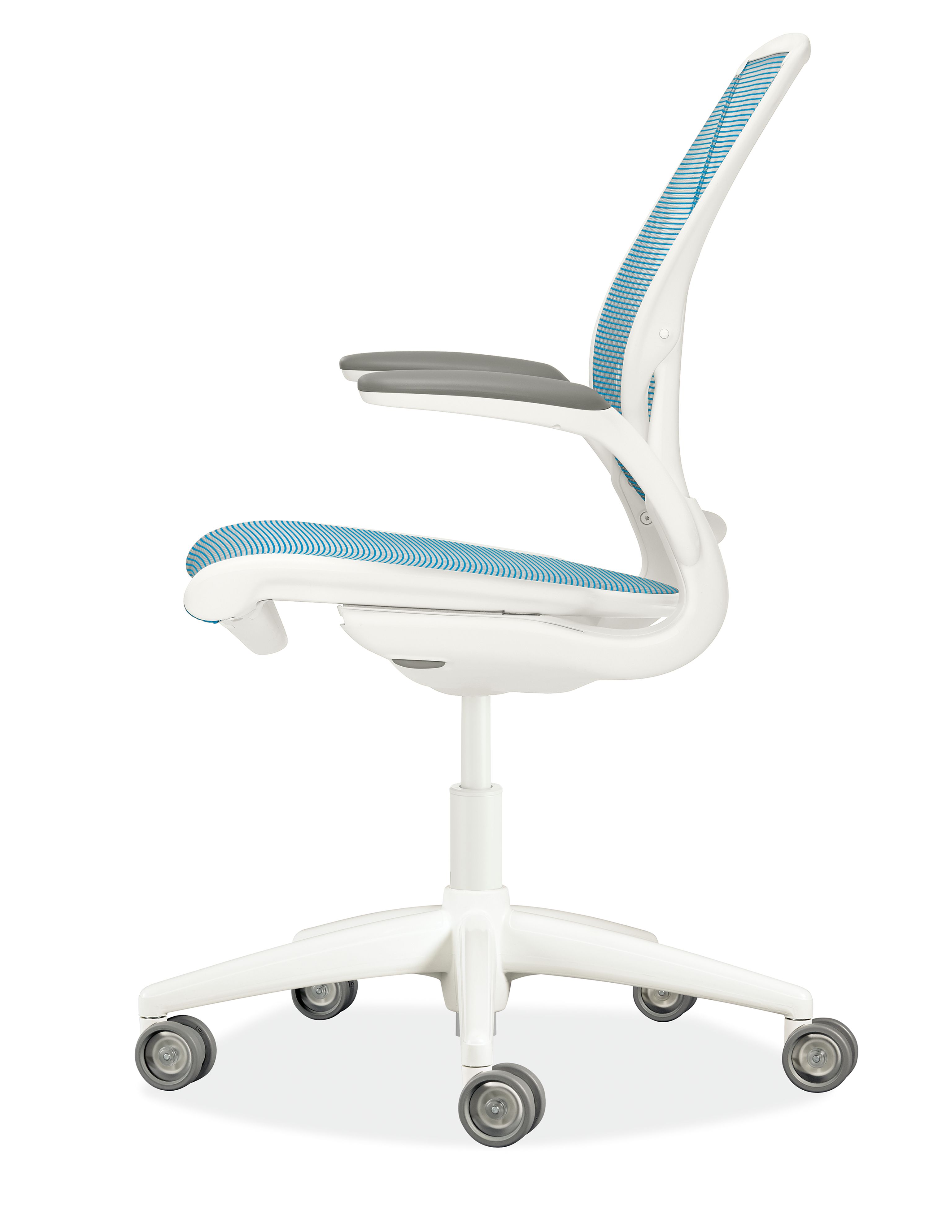 Side view of Diffrient World Office Chair in White with Cyan Pinstripe Mesh.