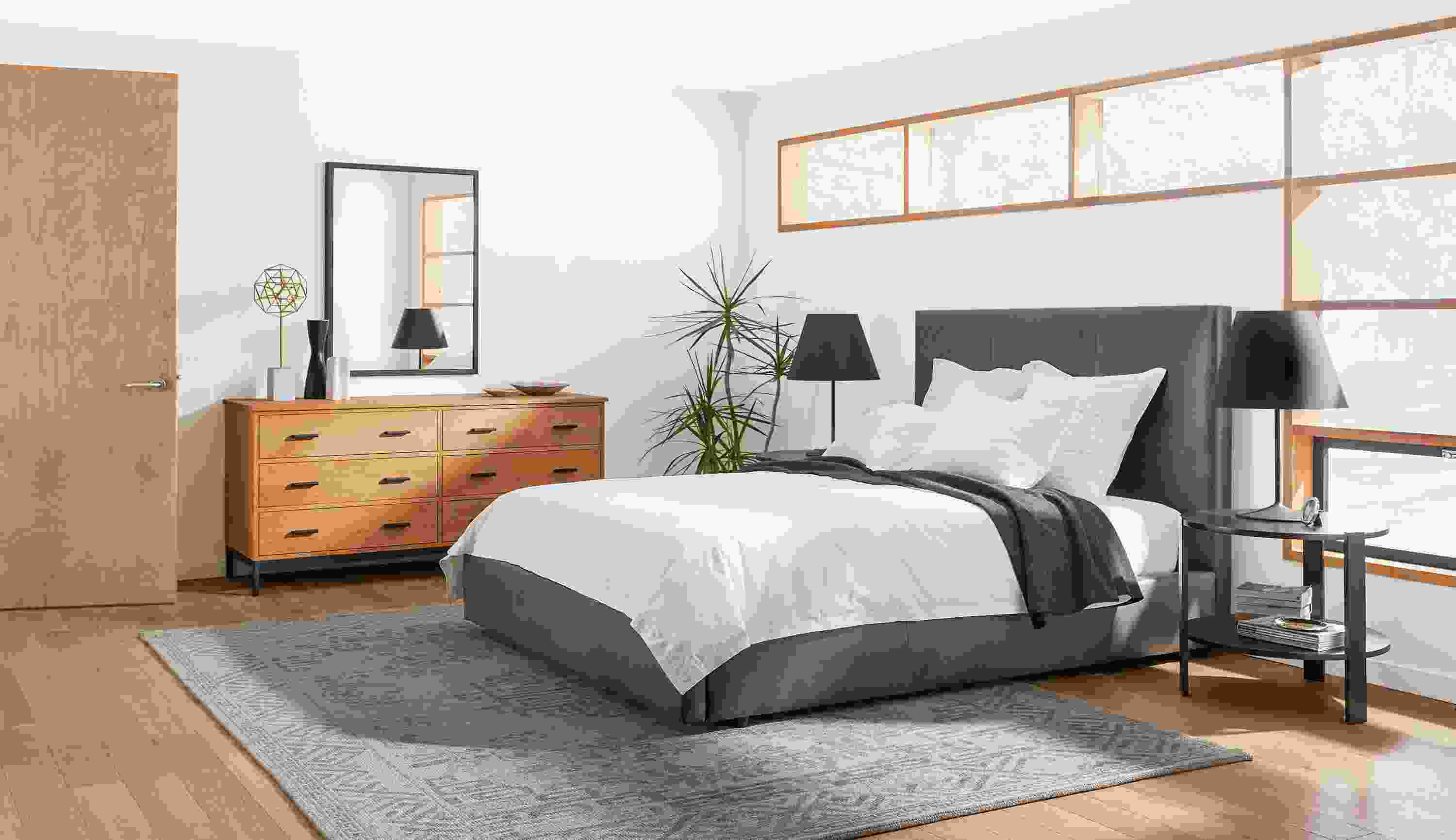 Large bedroom with Wyatt queen storage bed, Greene end tables, 67-wide linear dresser.