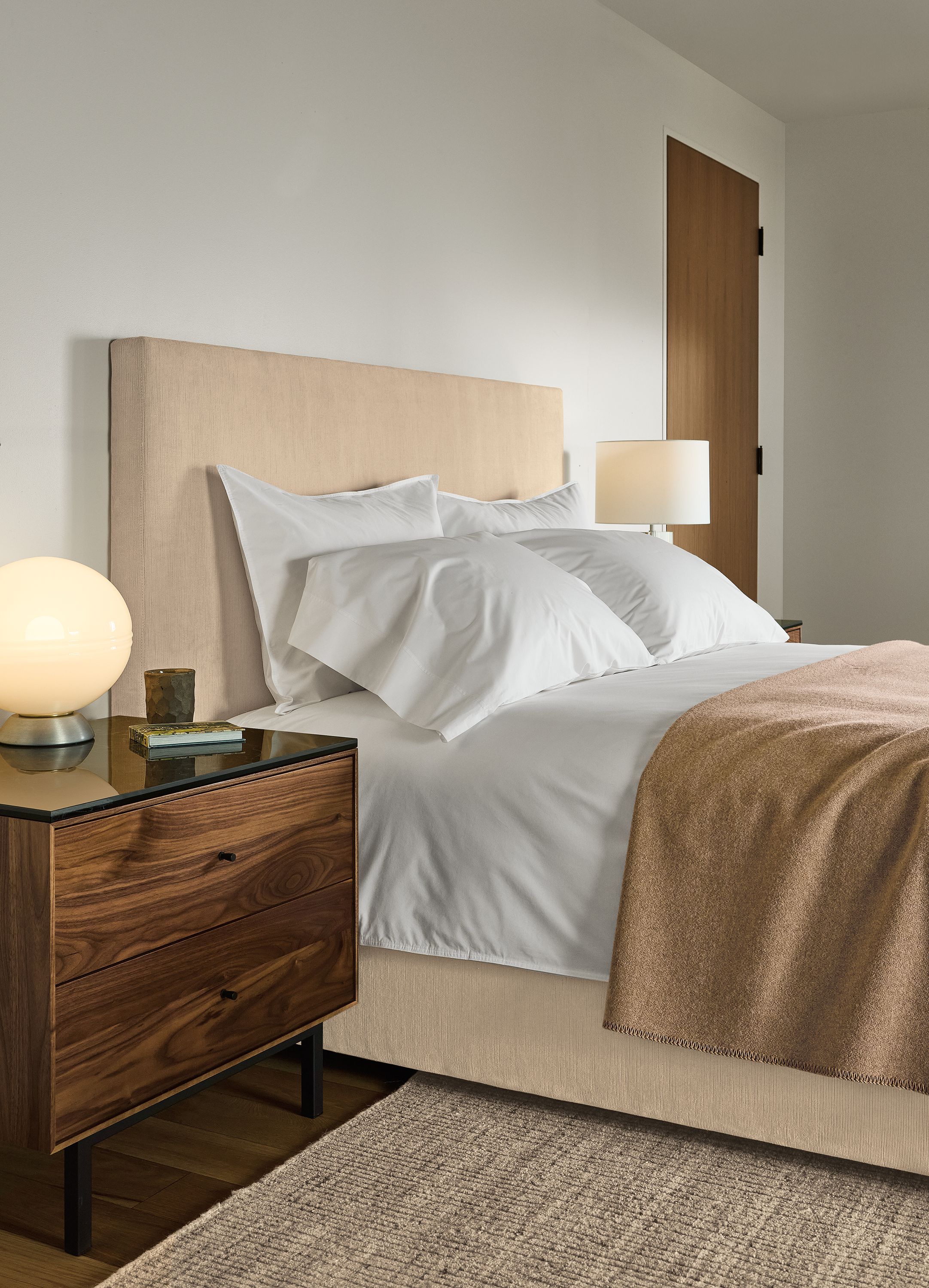 48" high headboard queen bed in Nigel natural fabric