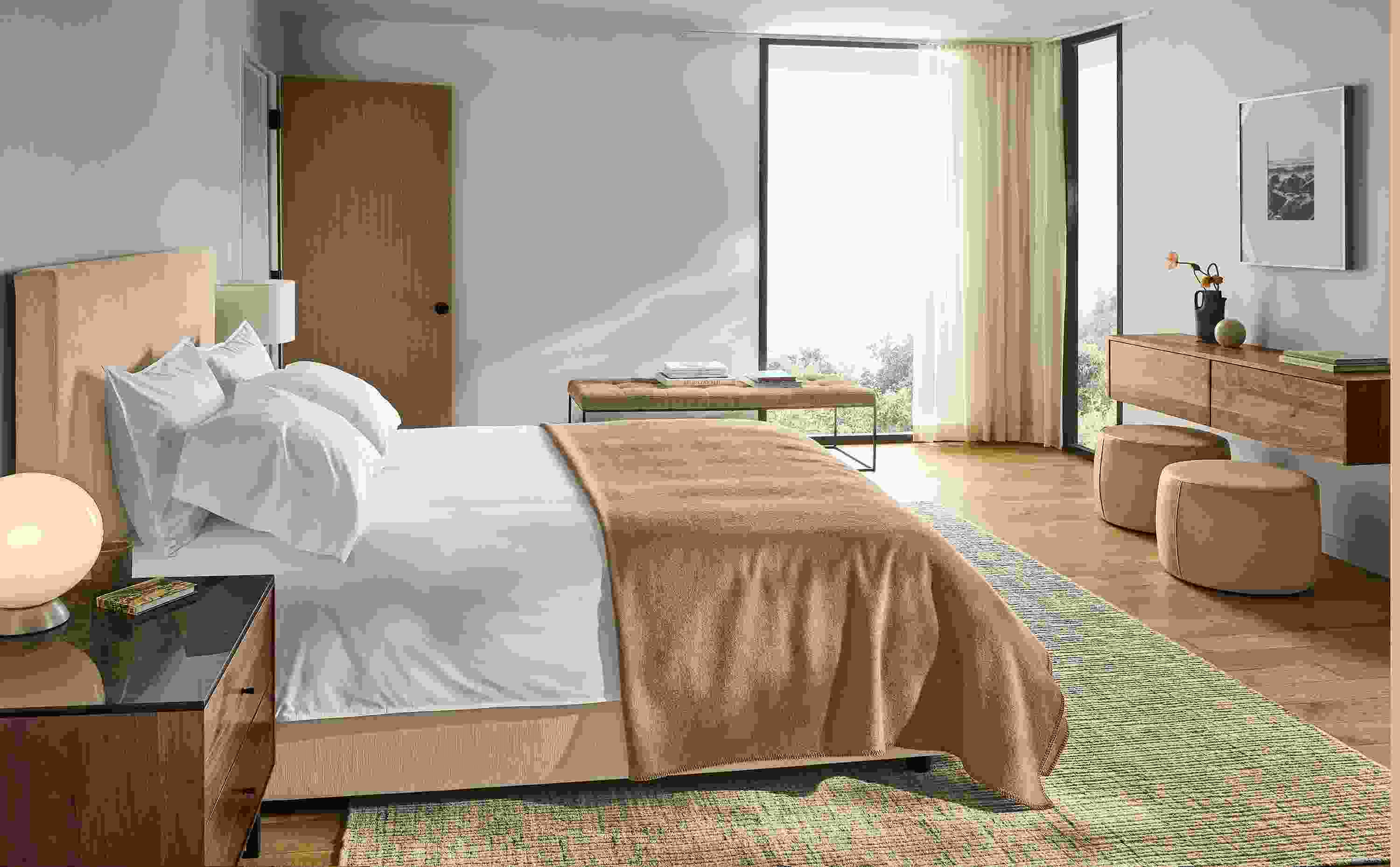 Bedroom with Wyatt queen bed in Nigel Natural, Hover wall mounted cabined in walnut and Tyne bench in Windsor Otter.