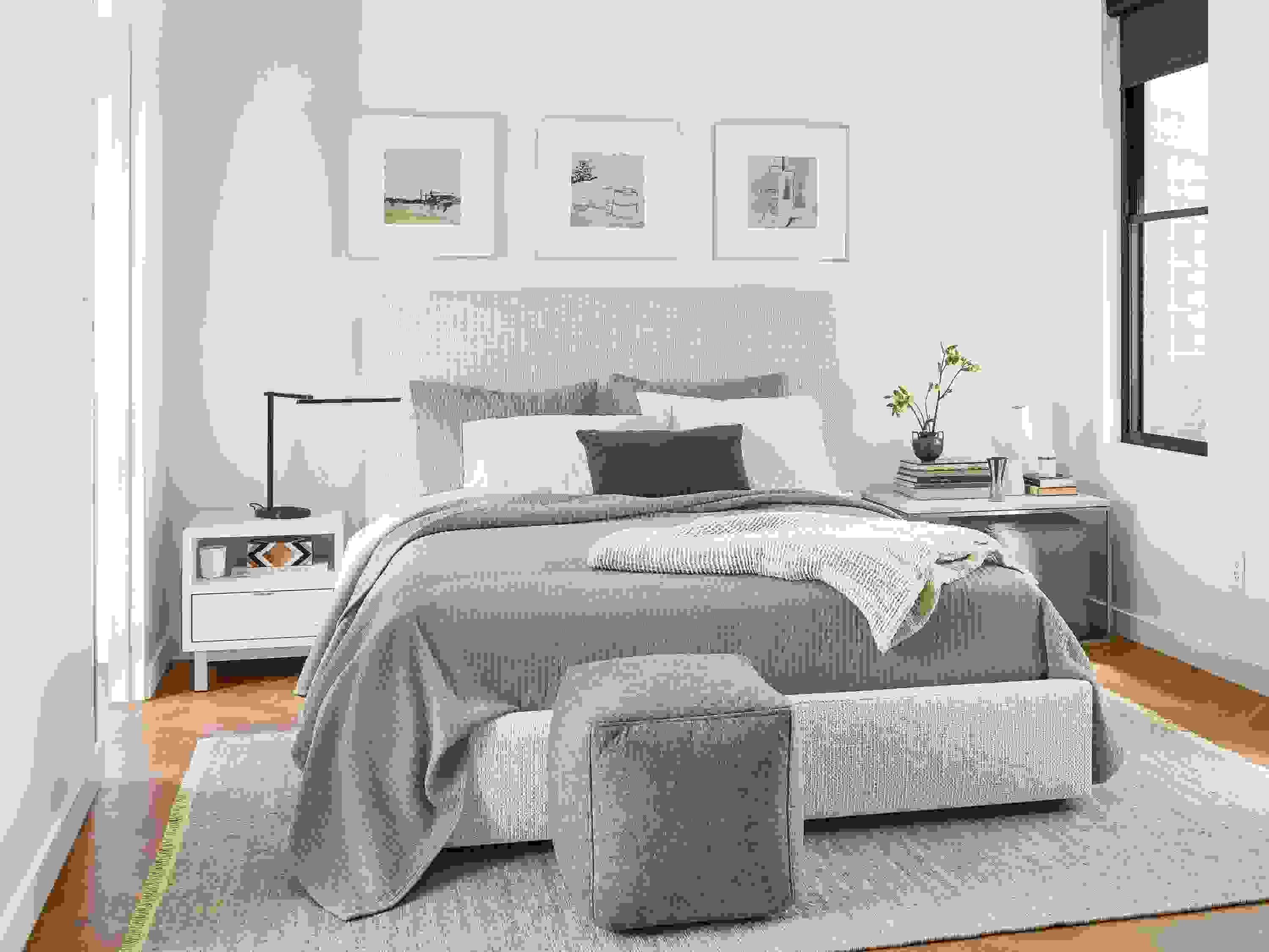 Detail of Wyatt queen storage bed in Hearth fabric in bedroom.