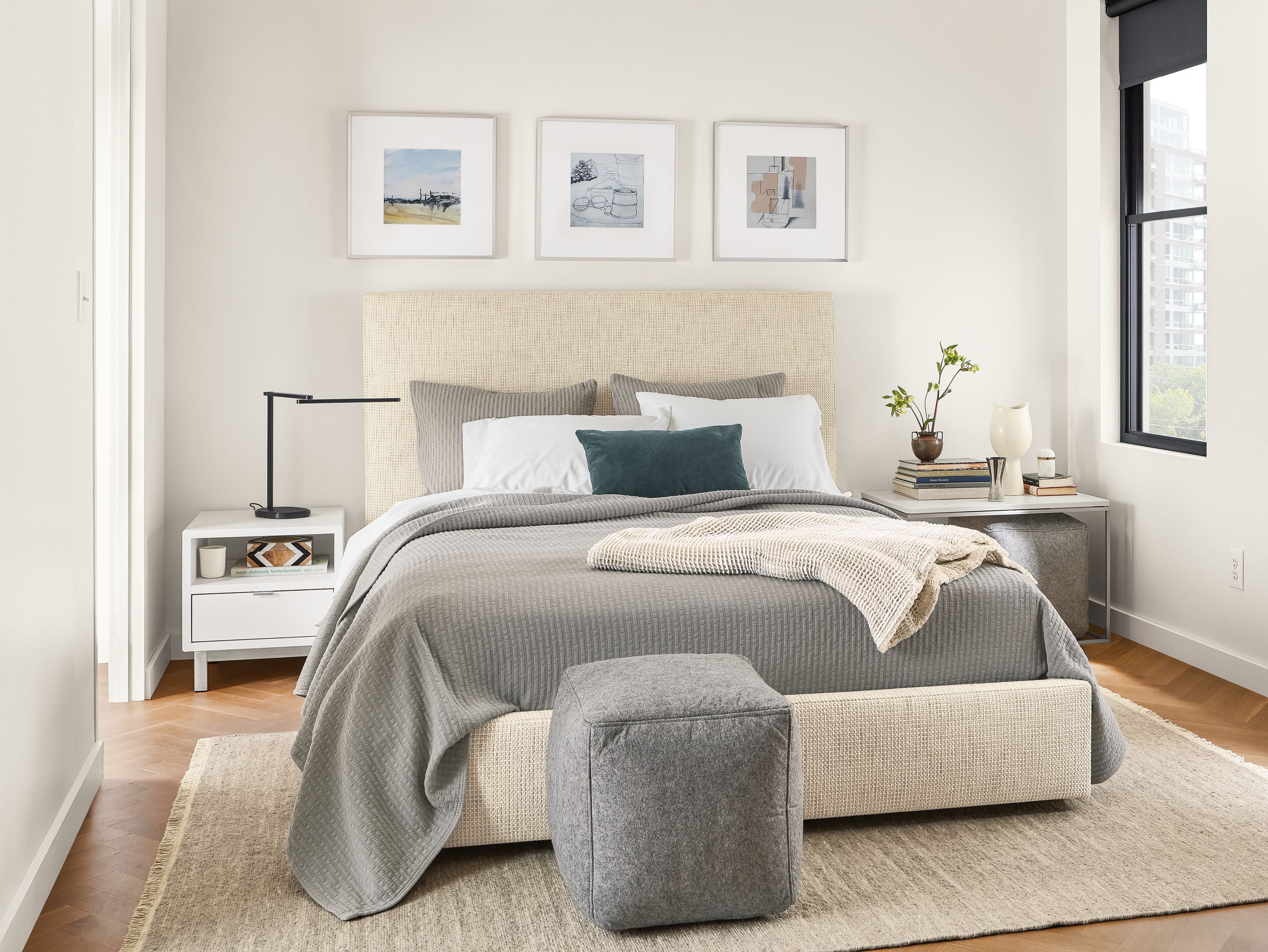 Detail of Wyatt queen storage bed in Hearth fabric in bedroom.