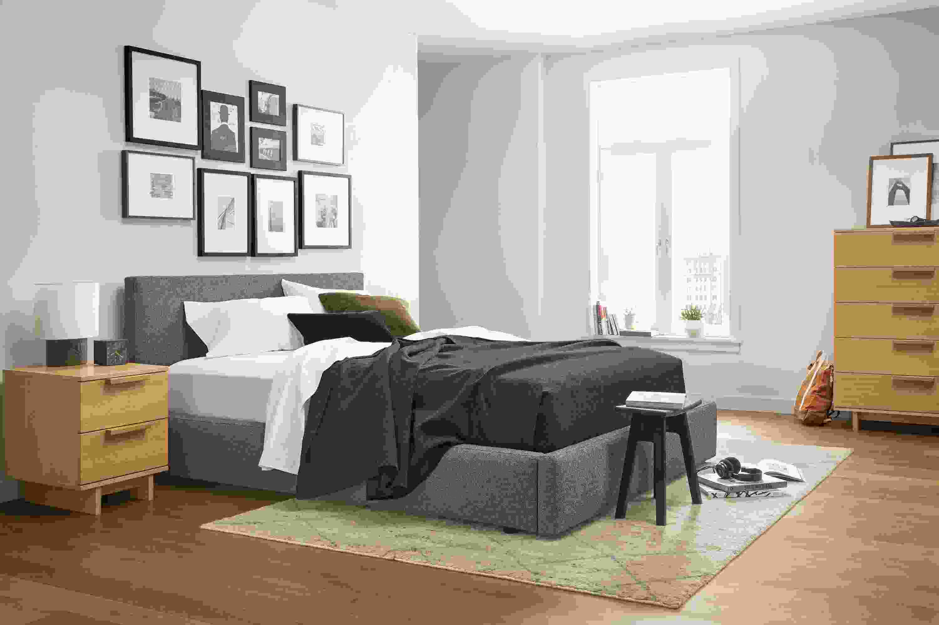 Wyatt queen storage bed in apartment bedroom.