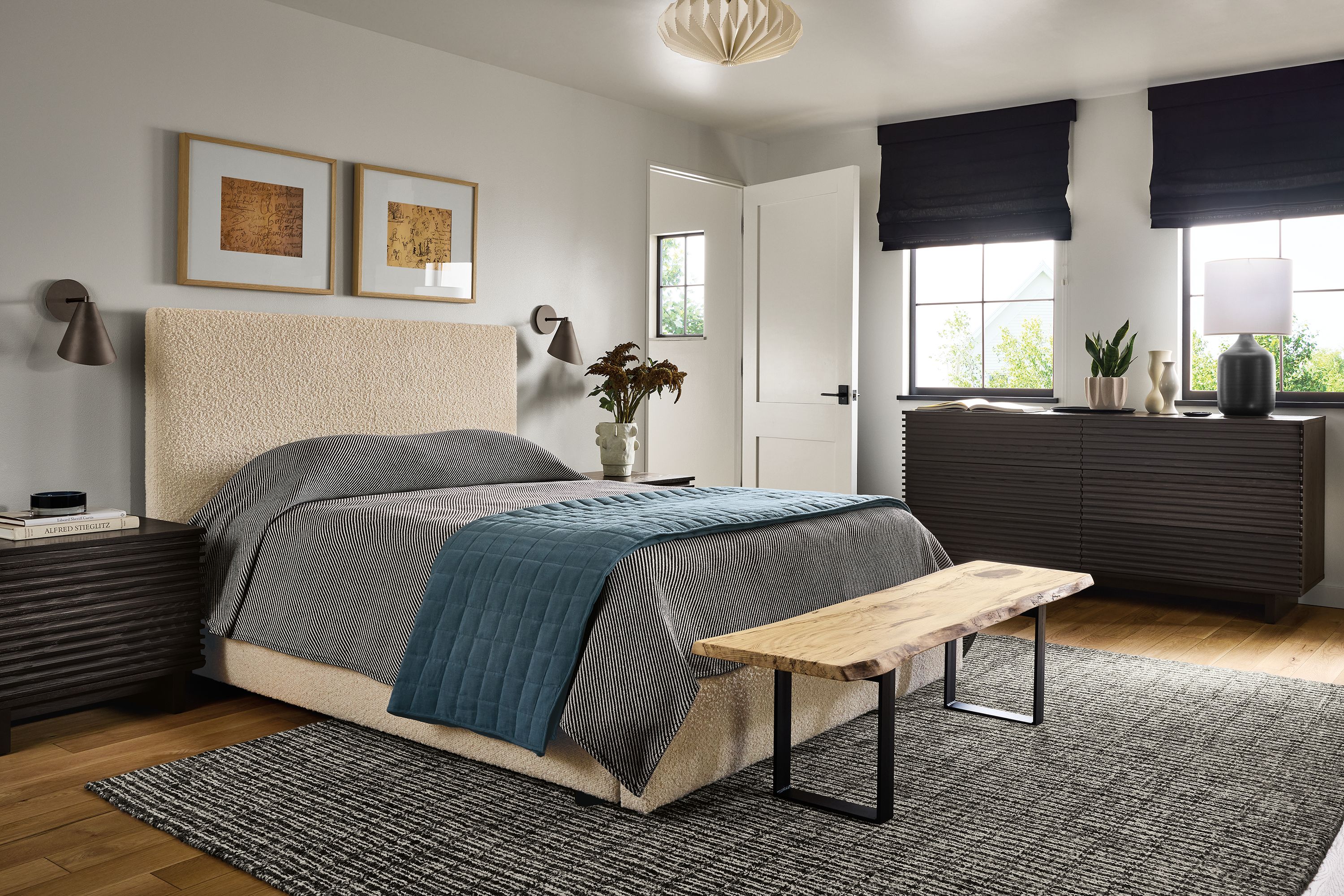 Bedroom with Wyatt queen storage bed in Dornick Ivory and  chilton 60-wide bench in spalted sugarberry.