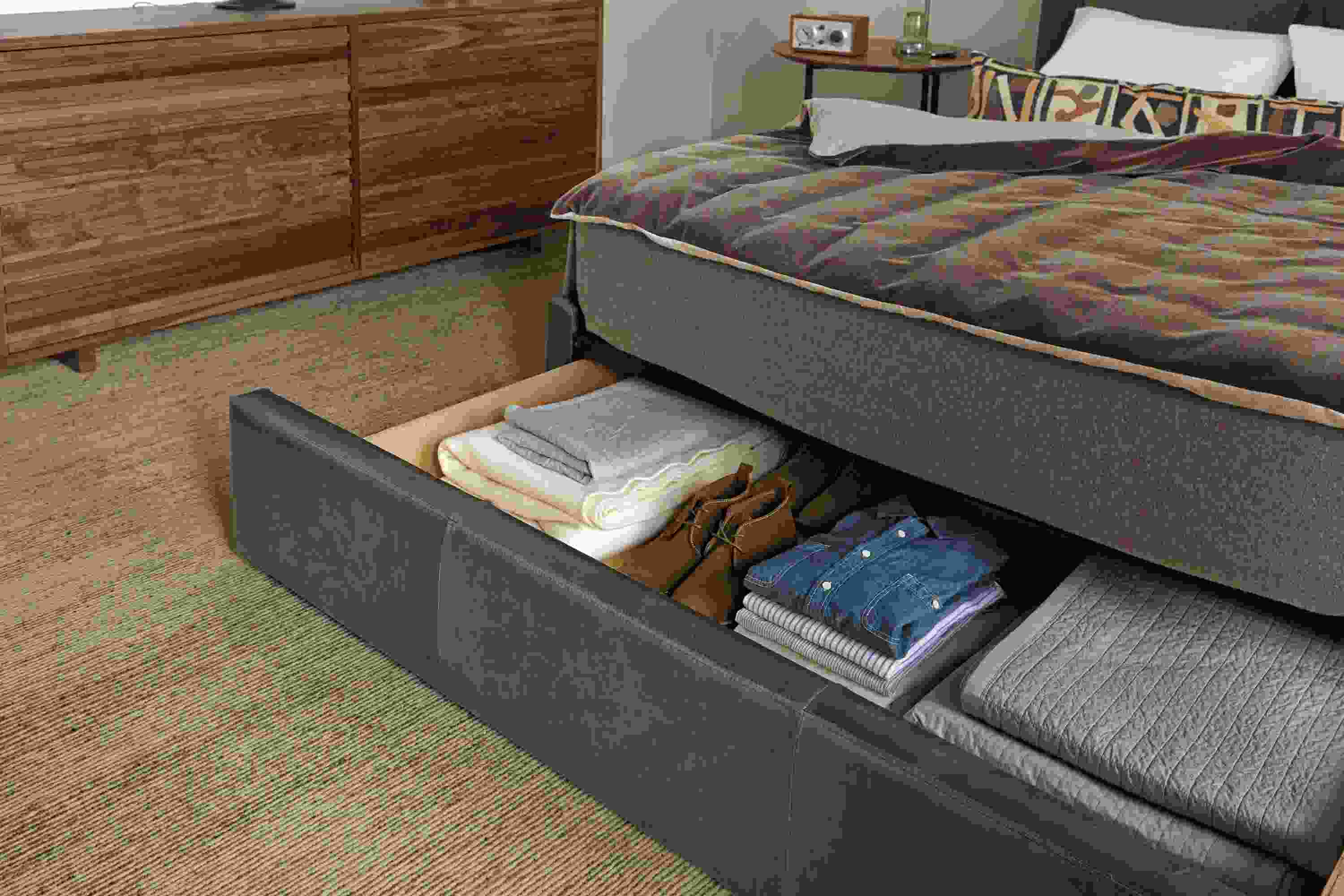Bedroom with Wyatt storage bed in vento smoke.