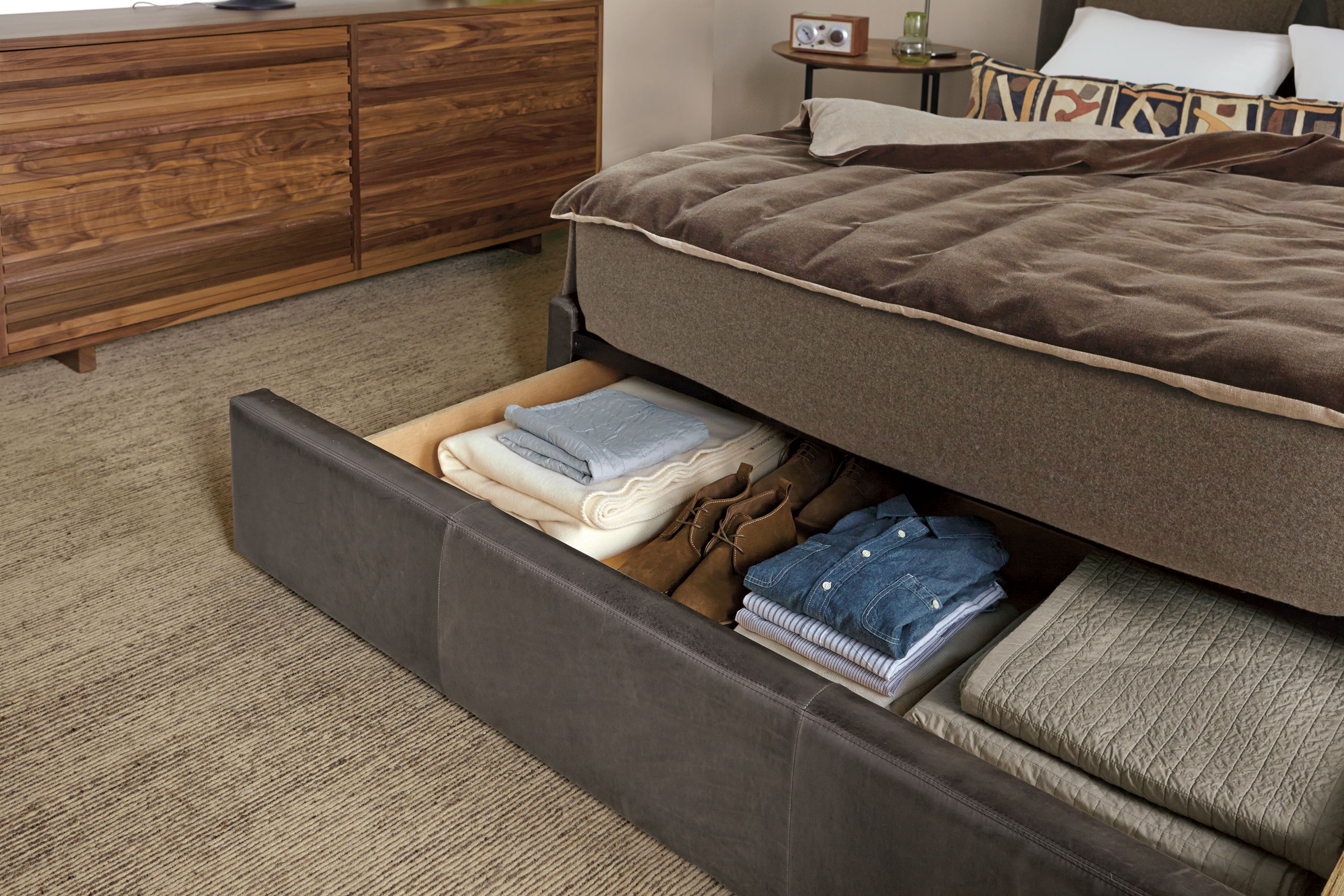 Bedroom with Wyatt storage bed in vento smoke.