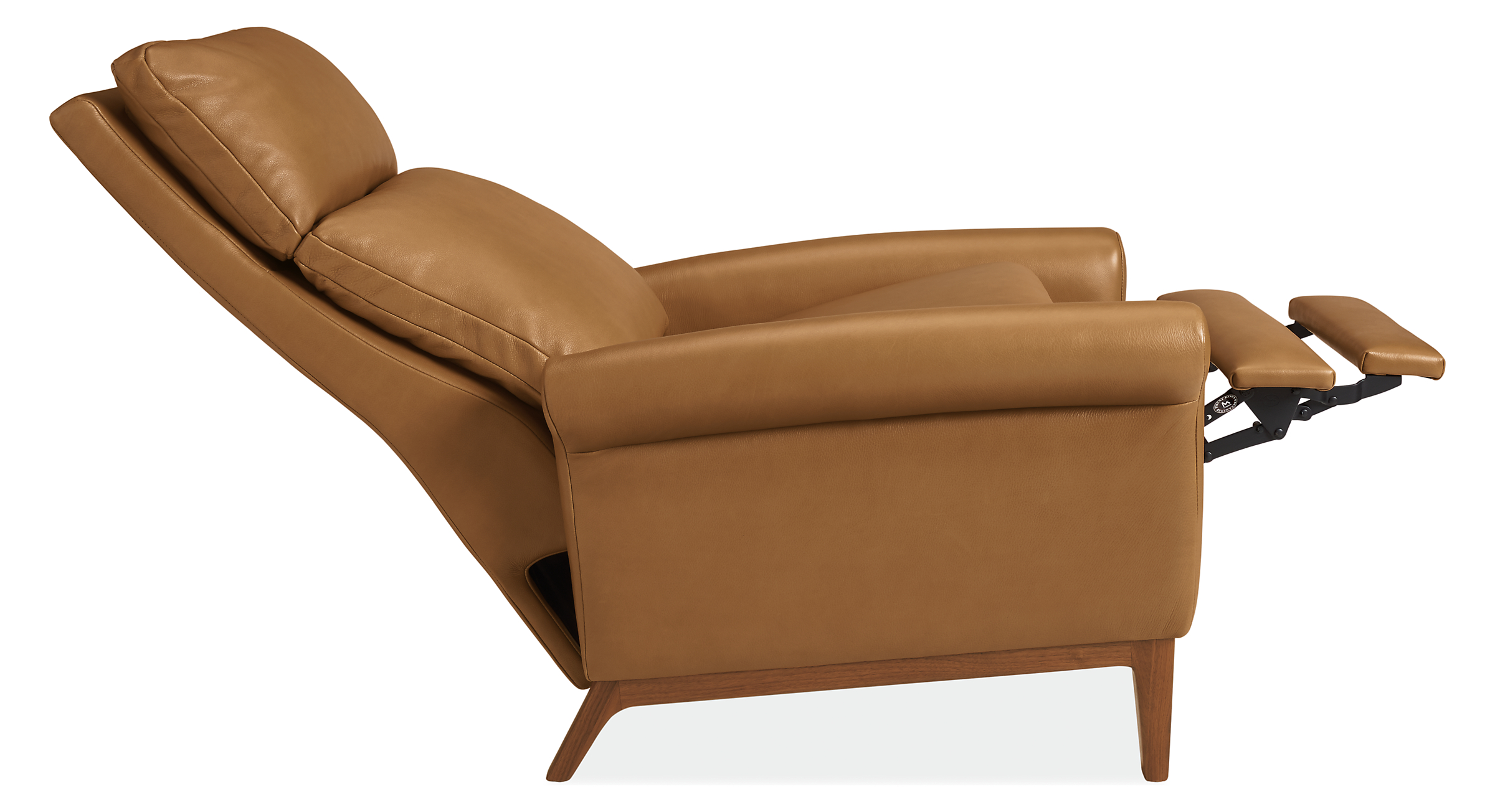 Open detail of Wynton Select Recliner Wood Base in Lecco Leather- Rolled Arm.