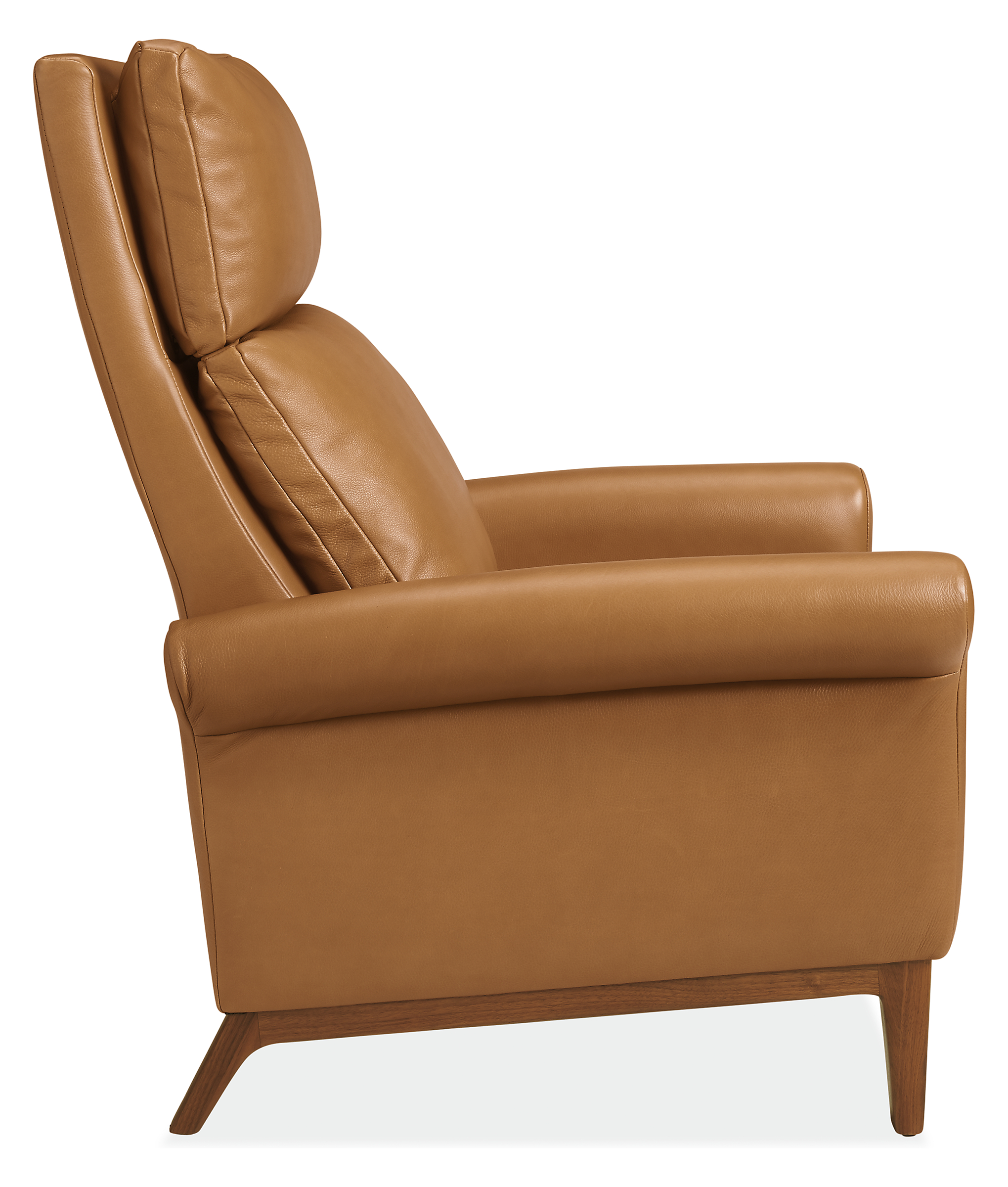 Side view of Wynton Select Recliner Wood Base in Lecco Leather- Rolled Arm.