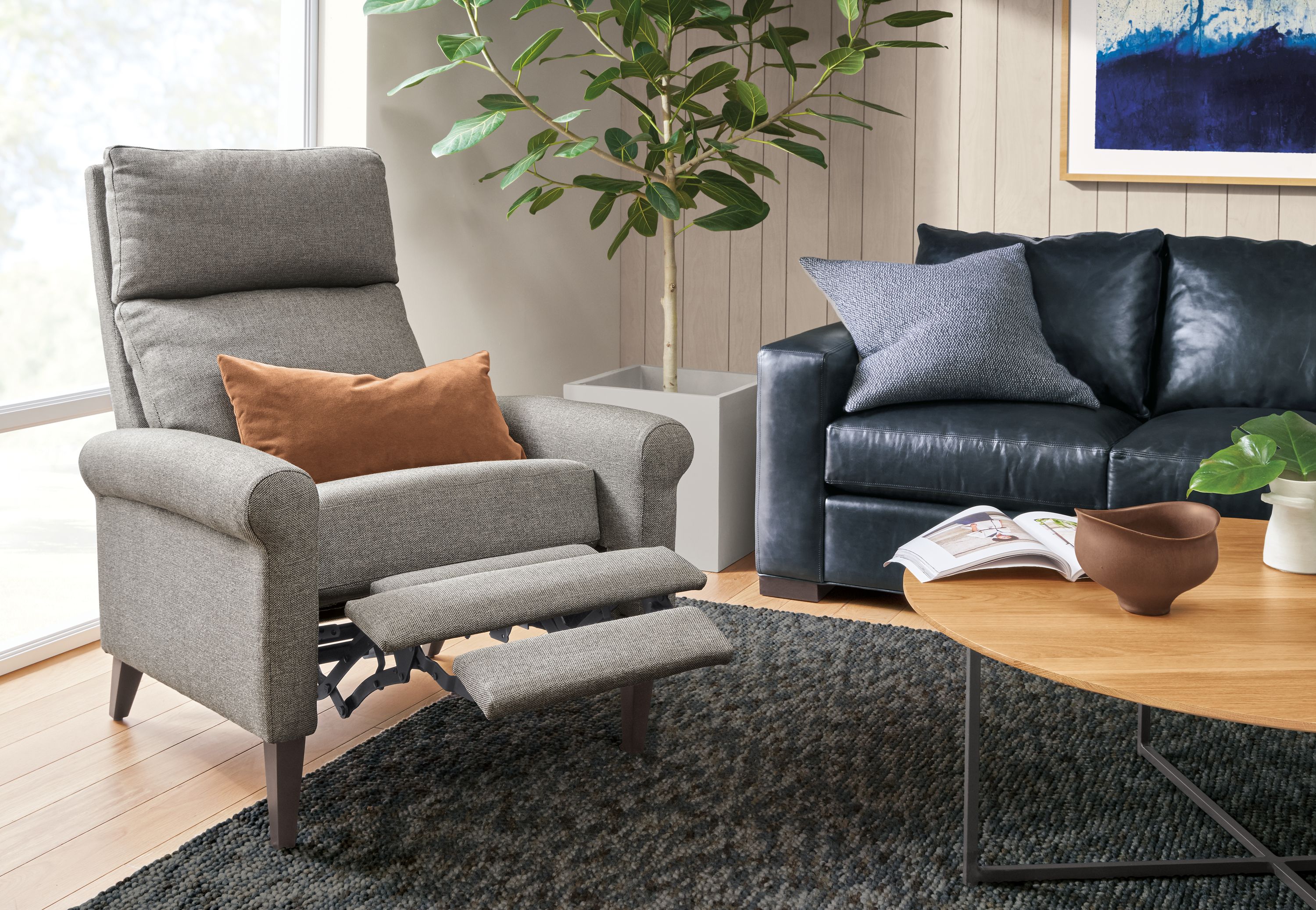 Wynton rolled arm recliner in Sumner graphite fabric with charcoal wood legs
