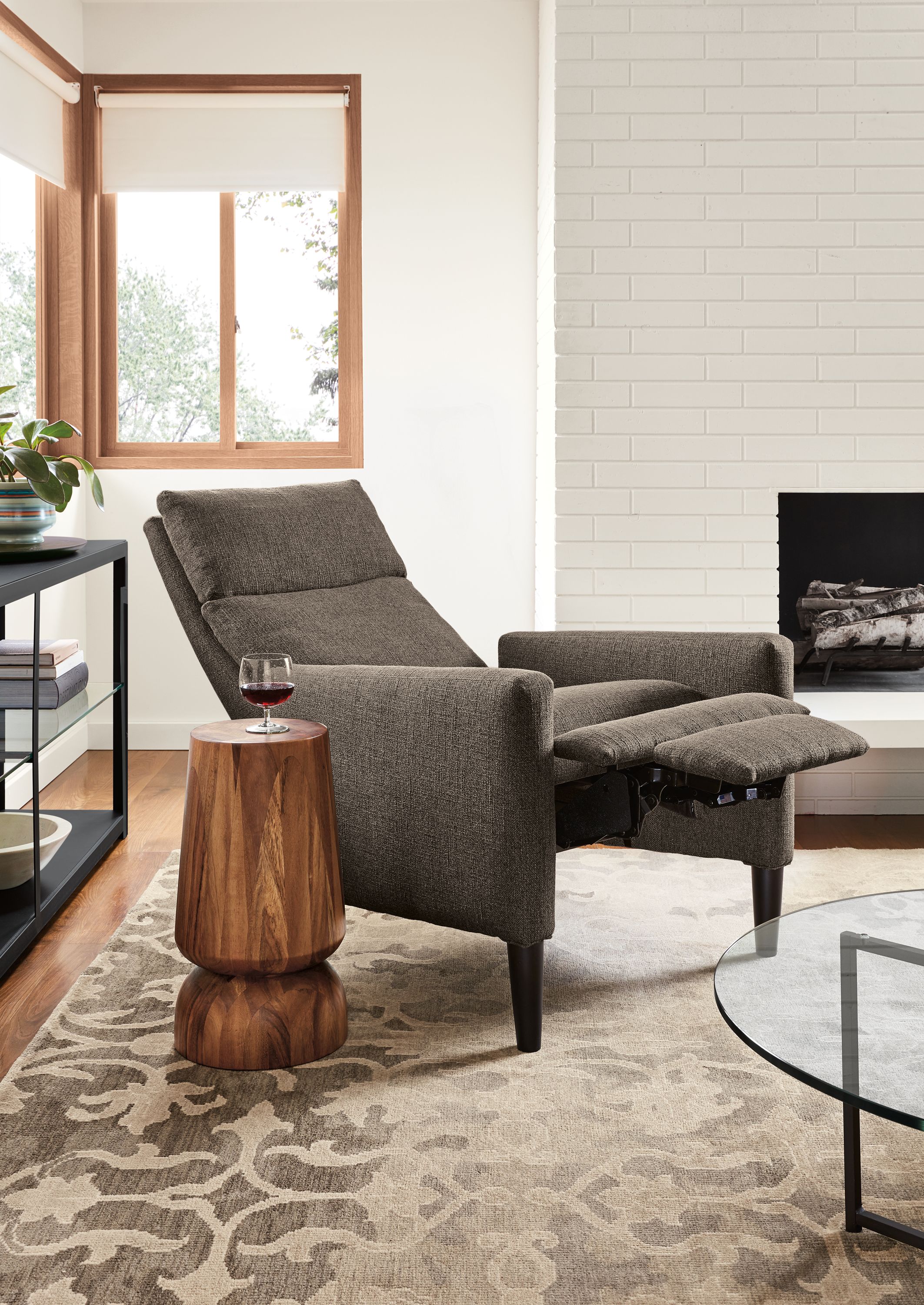 Detail of Wynton recliner in charcoal.