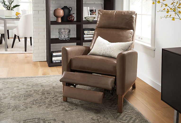 Detail of Wynton Select Recliner in Vento Pewter leather with footrest extended.