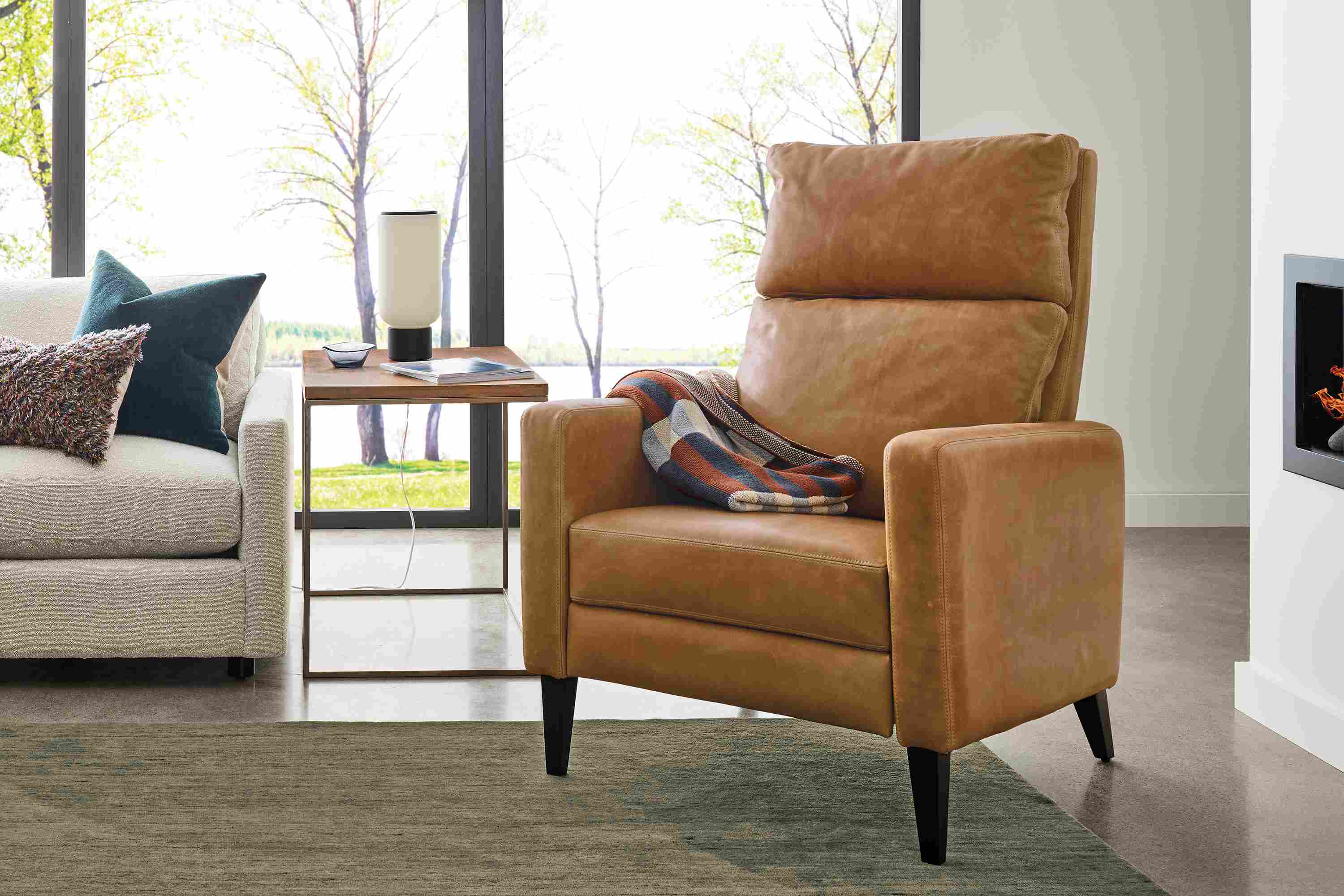Living room with Wynton recliner in Sarto Camel leather and charcoal and Nomad 8 by 10 rug in Olive.