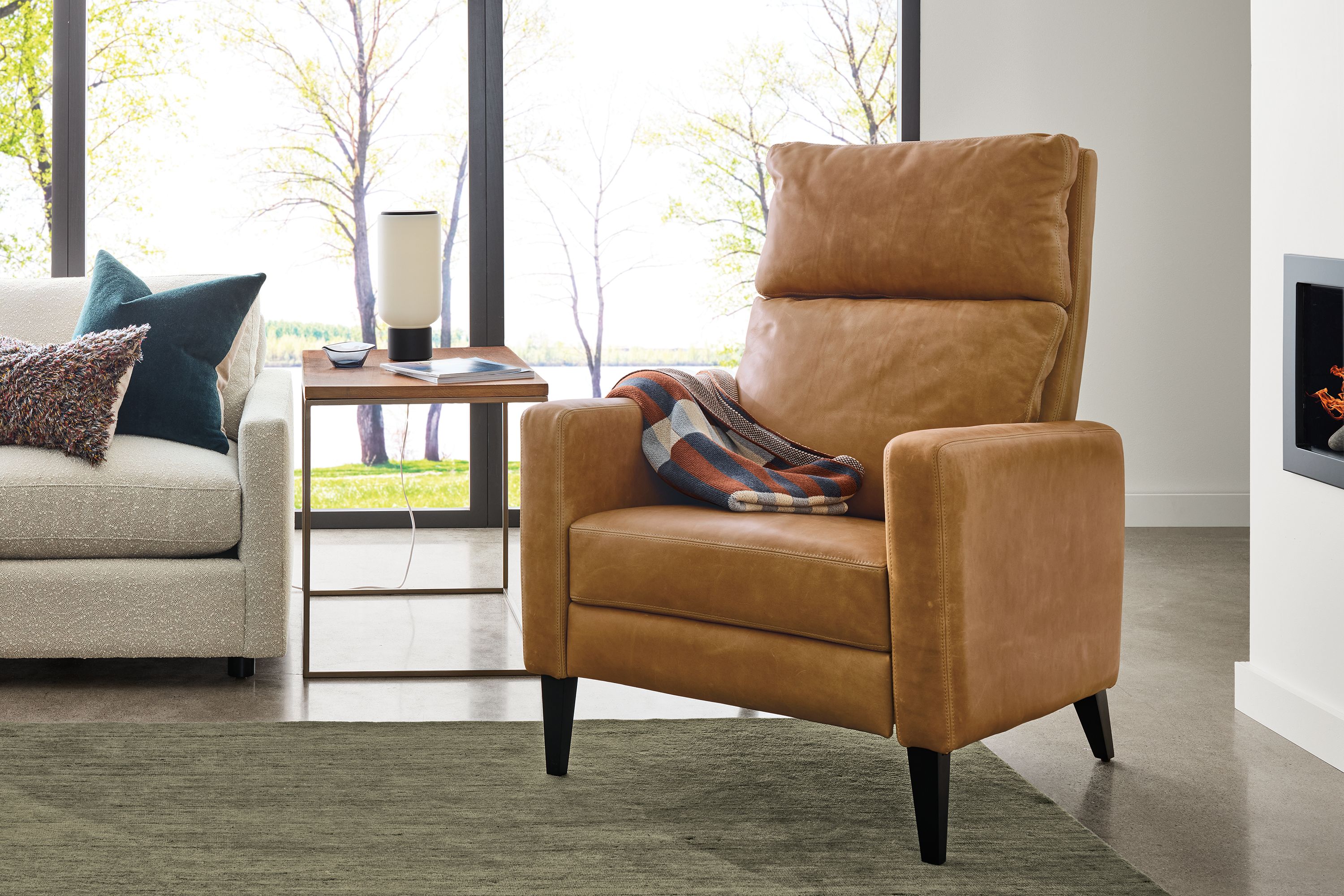 Living room with Wynton recliner in Sarto Camel leather and charcoal and Nomad 8 by 10 rug in Olive.