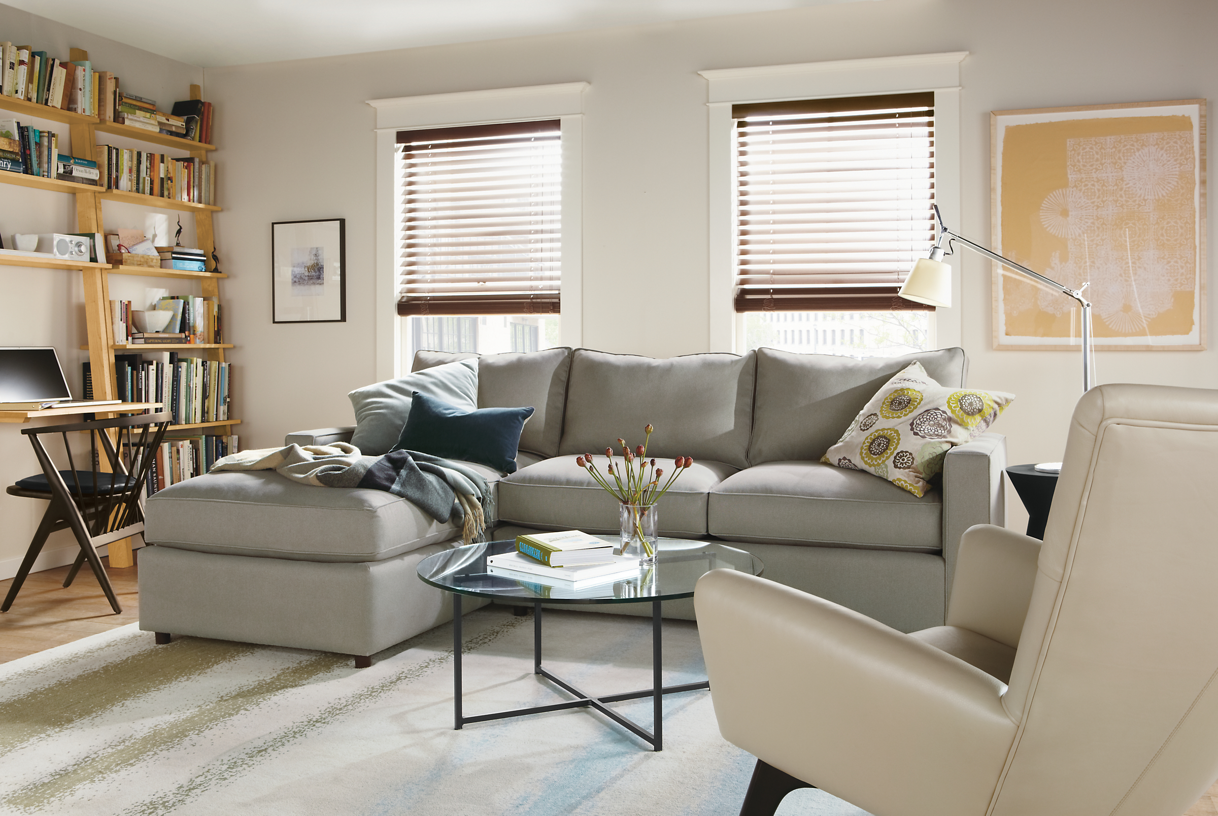 Detail of York sofa with left arm chaise in dawson cement fabric in living room.