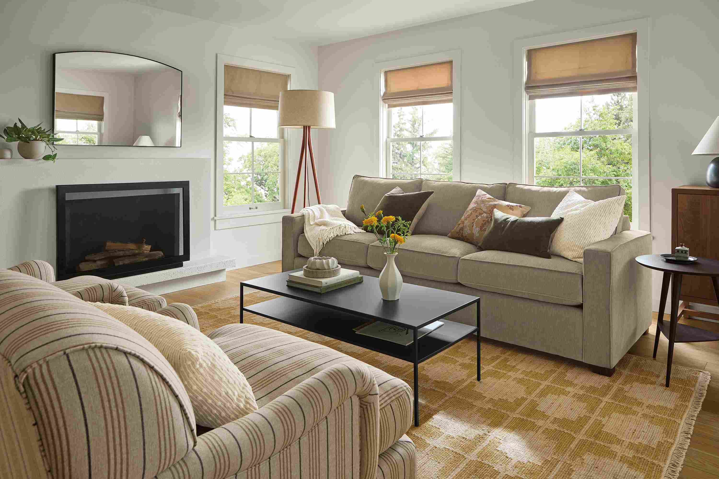 Living room with York 98-wide sofa in Crawford Putty, 2 Humphrey chairs in Prescott Natural and slim coffee table in natural.