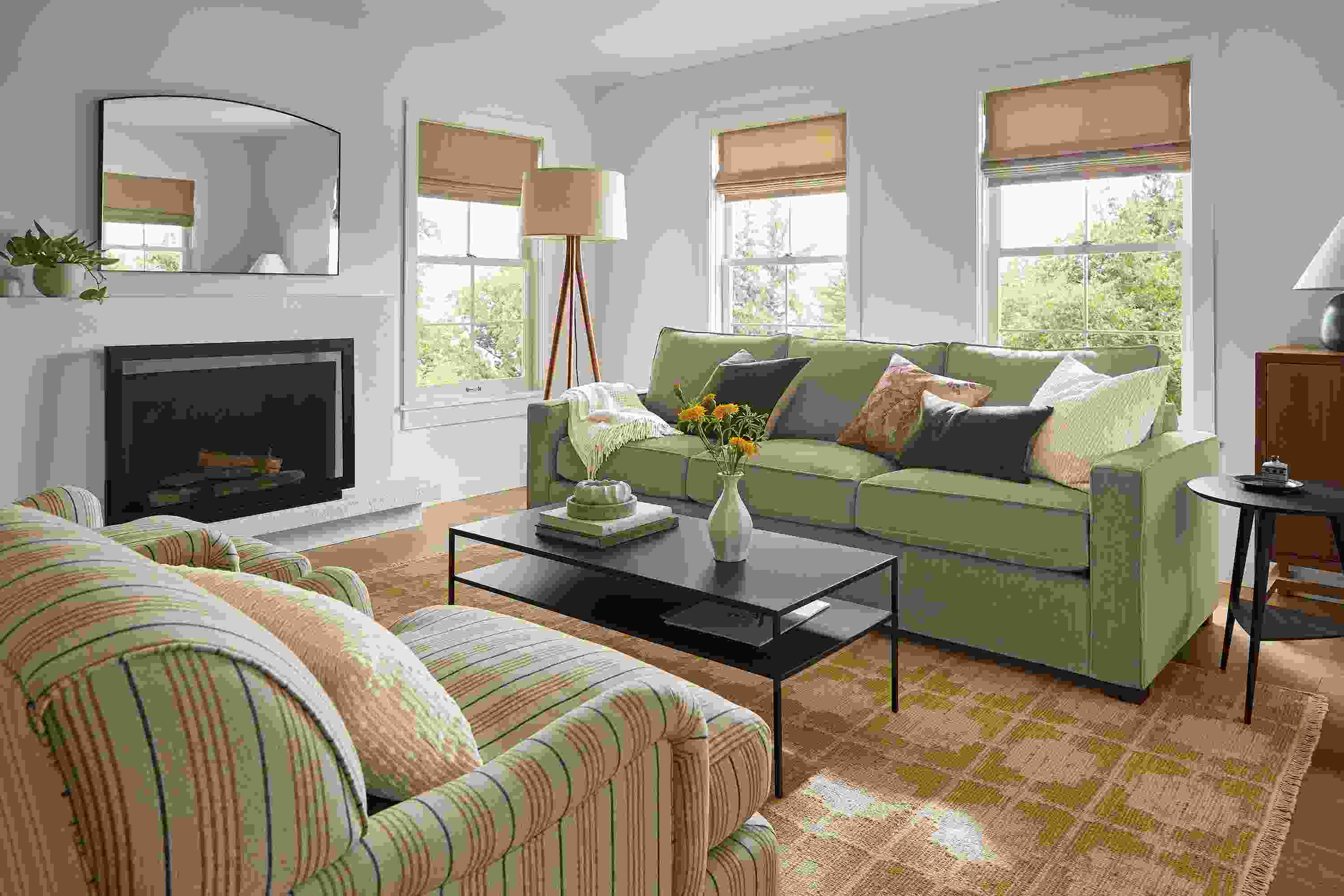 Living room with York 98-wide sofa in Crawford Putty, 2 Humphrey chairs in Prescott Natural and slim coffee table in natural.